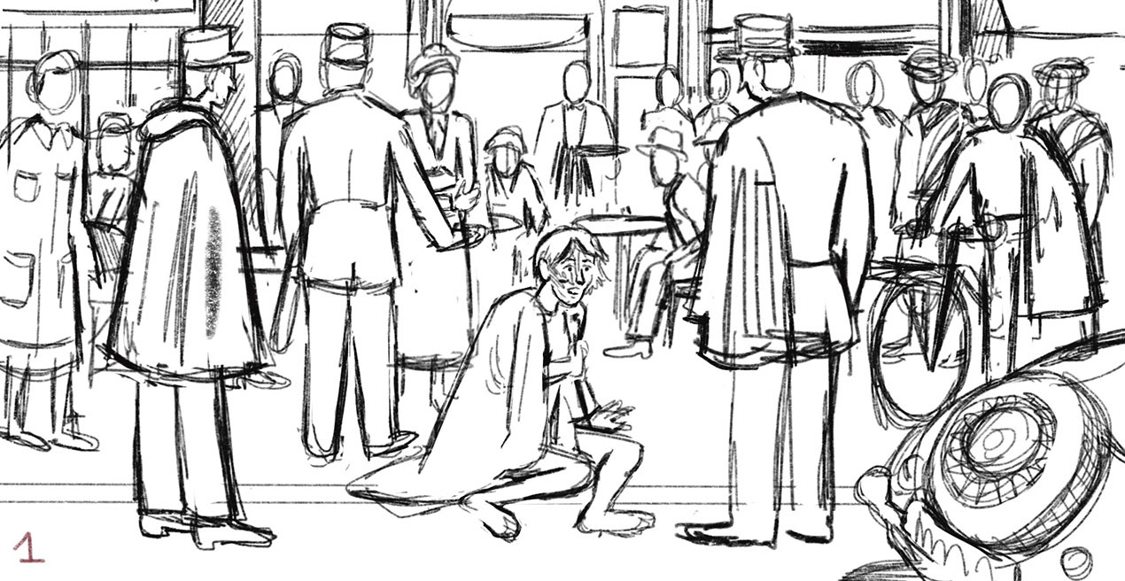 Preparatory sketch with characters outline.