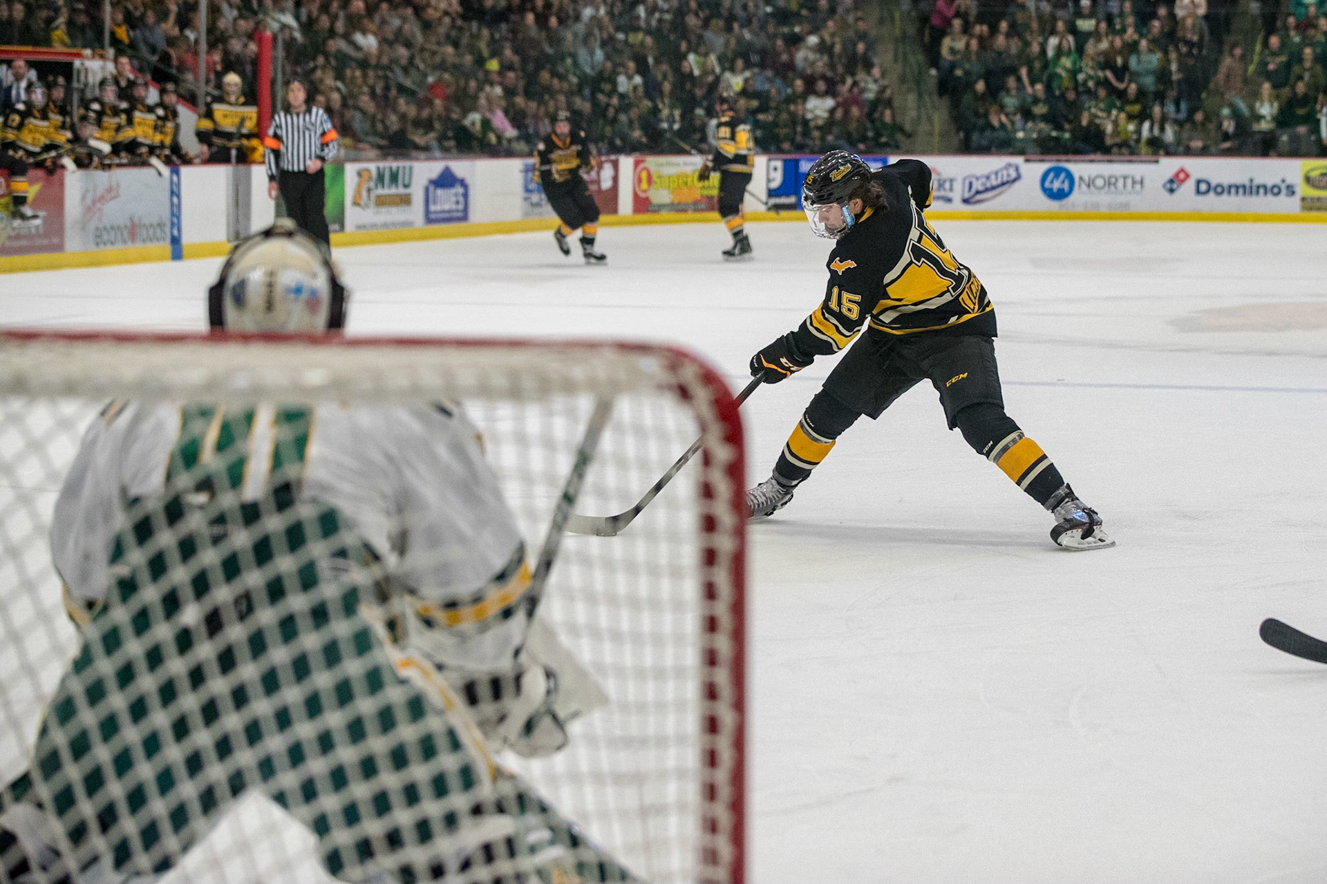 during Friday night's game at the Berry Events Center in Marquette Michigan.