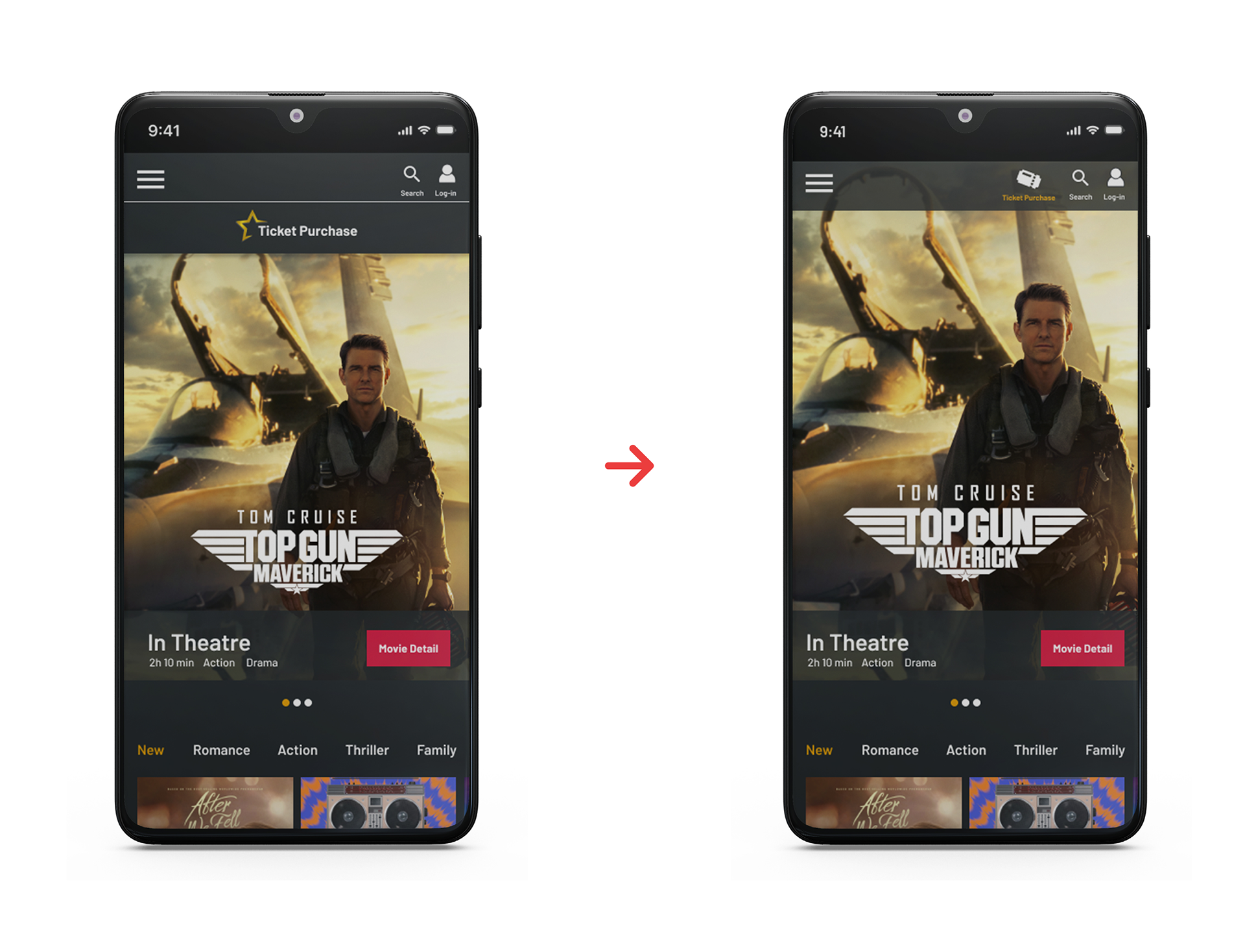 Home page of the movie theatre app