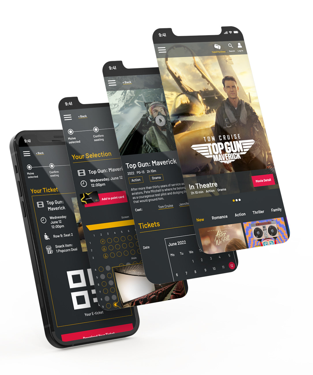 An image of a mobile phone with 4 separate screen designs coming out from the phone in order
