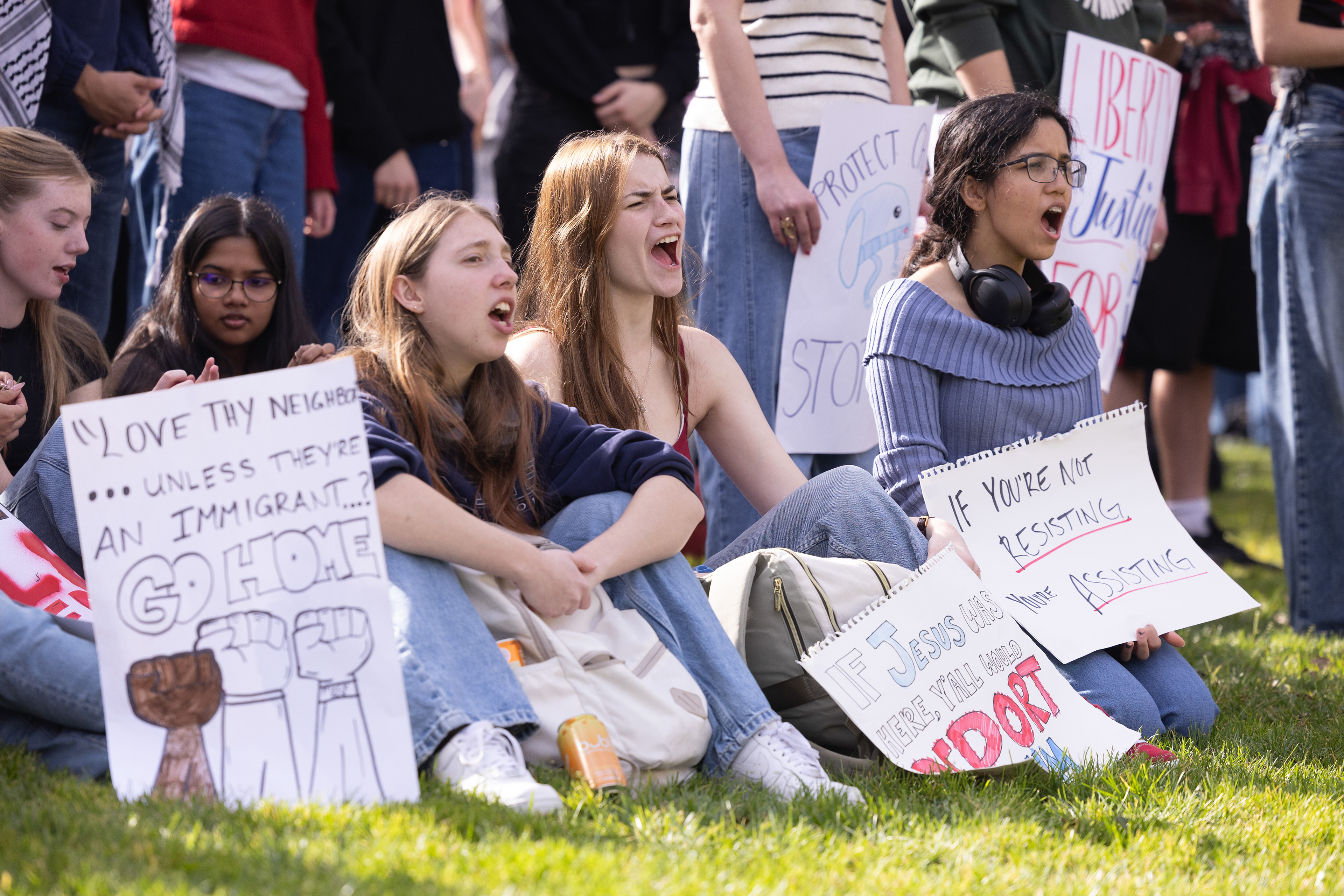 Demonstrators chant along with a speaker during the “ICE OUT” rally and march on the campus of Santa Clara University on Friday, Jan. 30, 2026. (Nina Glick/The Santa Clara)