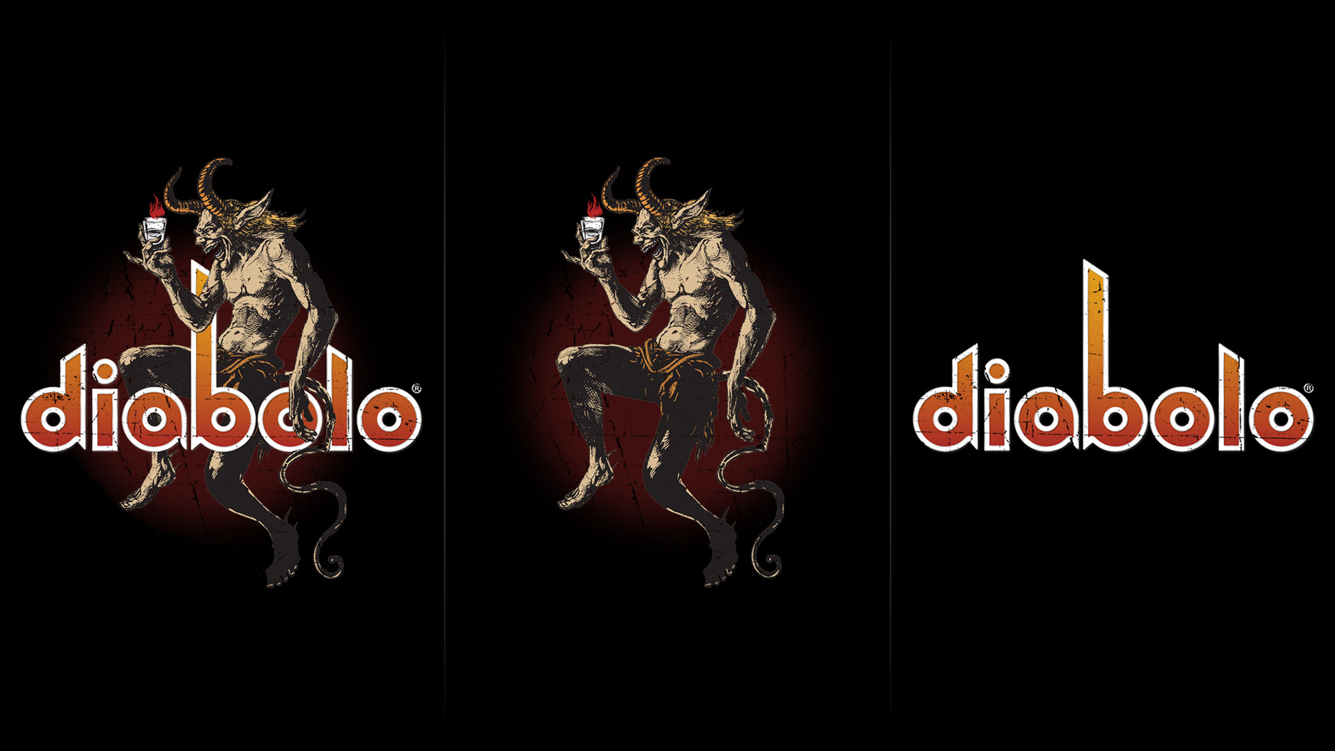 a breakdown of the Diabolo logo featuring the devil holding a flaming shot of diabolo cinnamon and whisky flavoured liqueur. The logo type and character are shown separately and then combined.