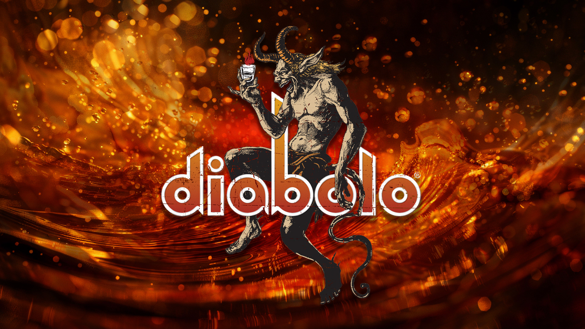 Diabolo logo featuring the devil holding a flaming shot of diabolo cinnamon and whisky flavoured liqueur.. positioned on a background of a wave of whiskey.