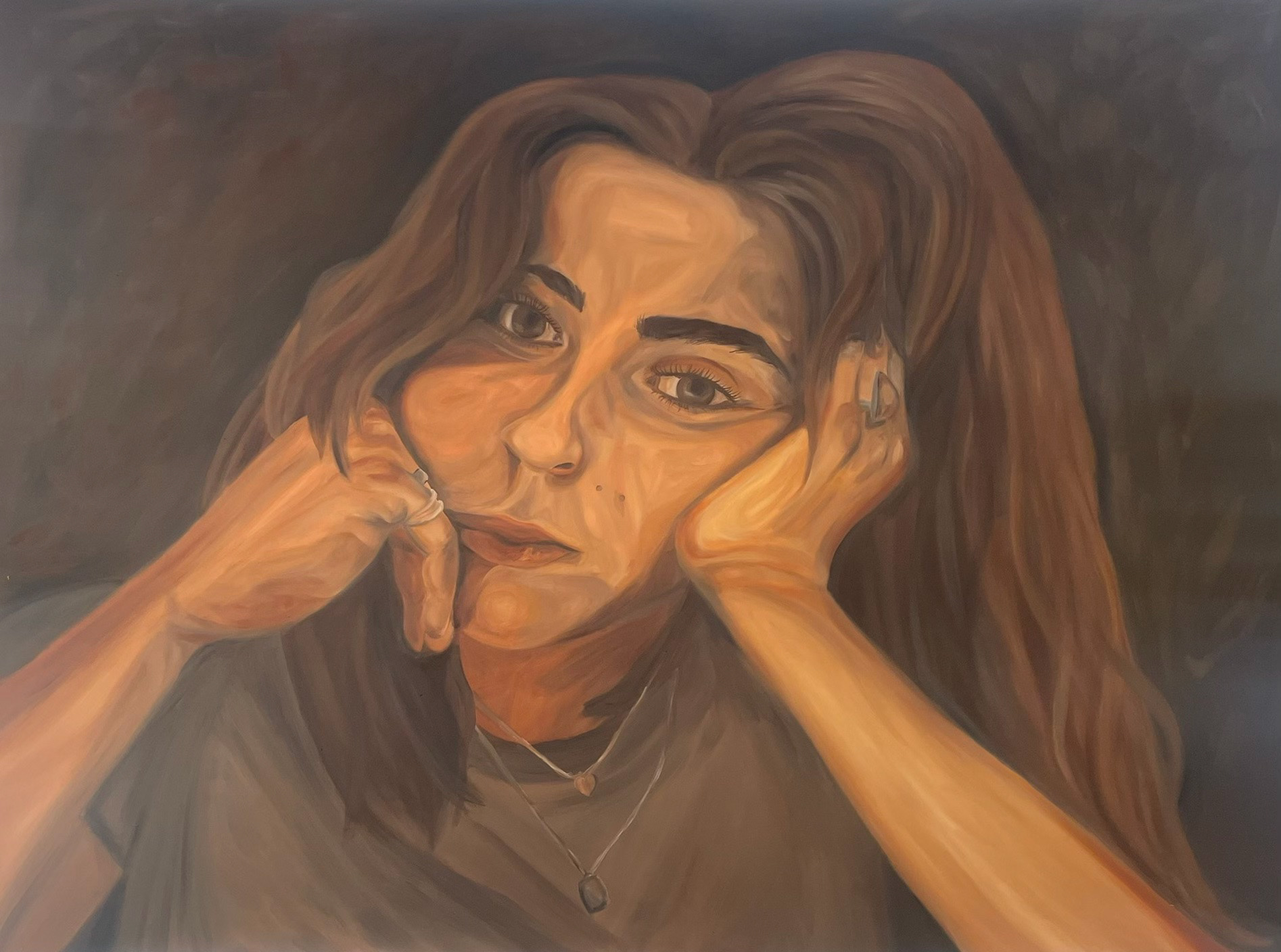 Self portrait, 2022, oil on wood panel, 36x48 inches