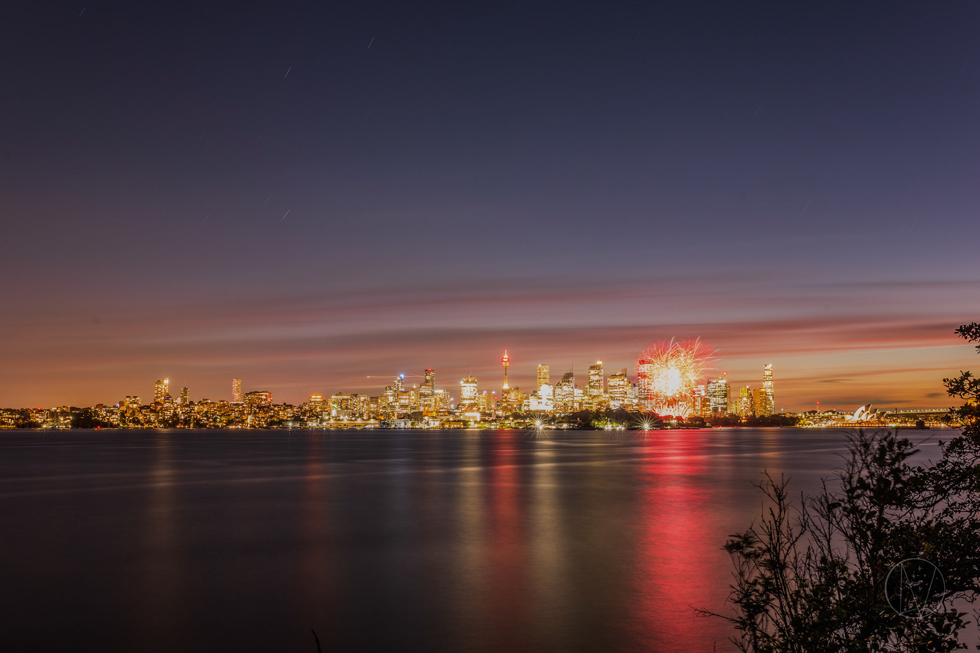 Twilight and fireworks from Bradley's Head