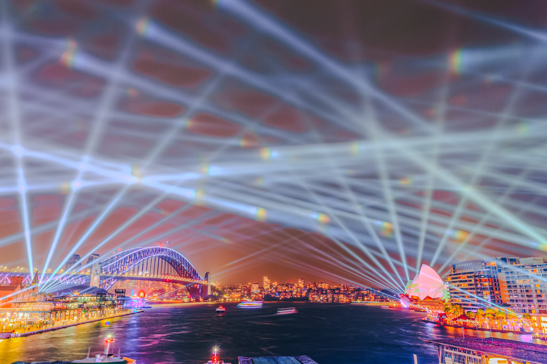 Vivid light beams from Circular Quay