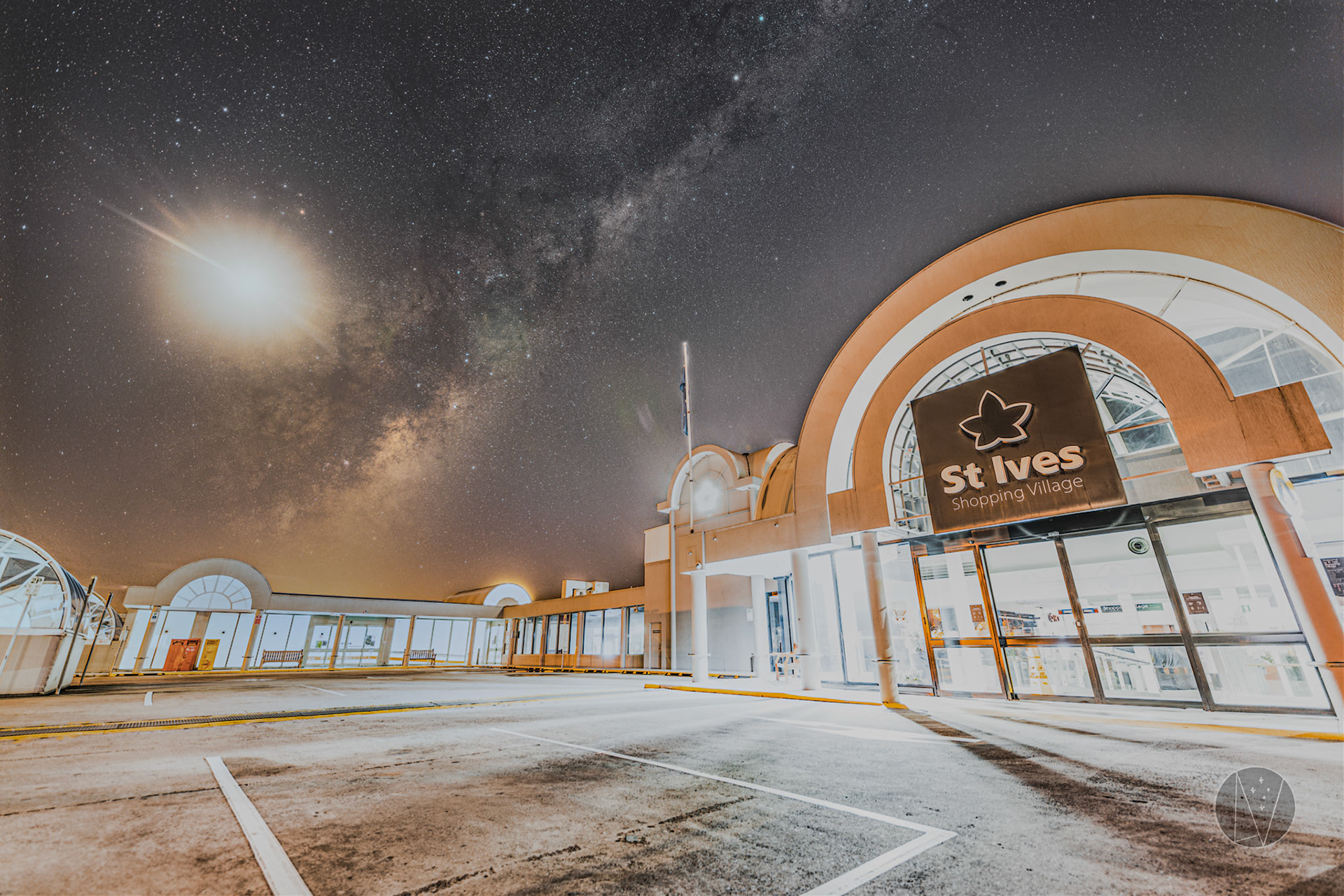 Milky Way and the Moon over St Ives Shops
