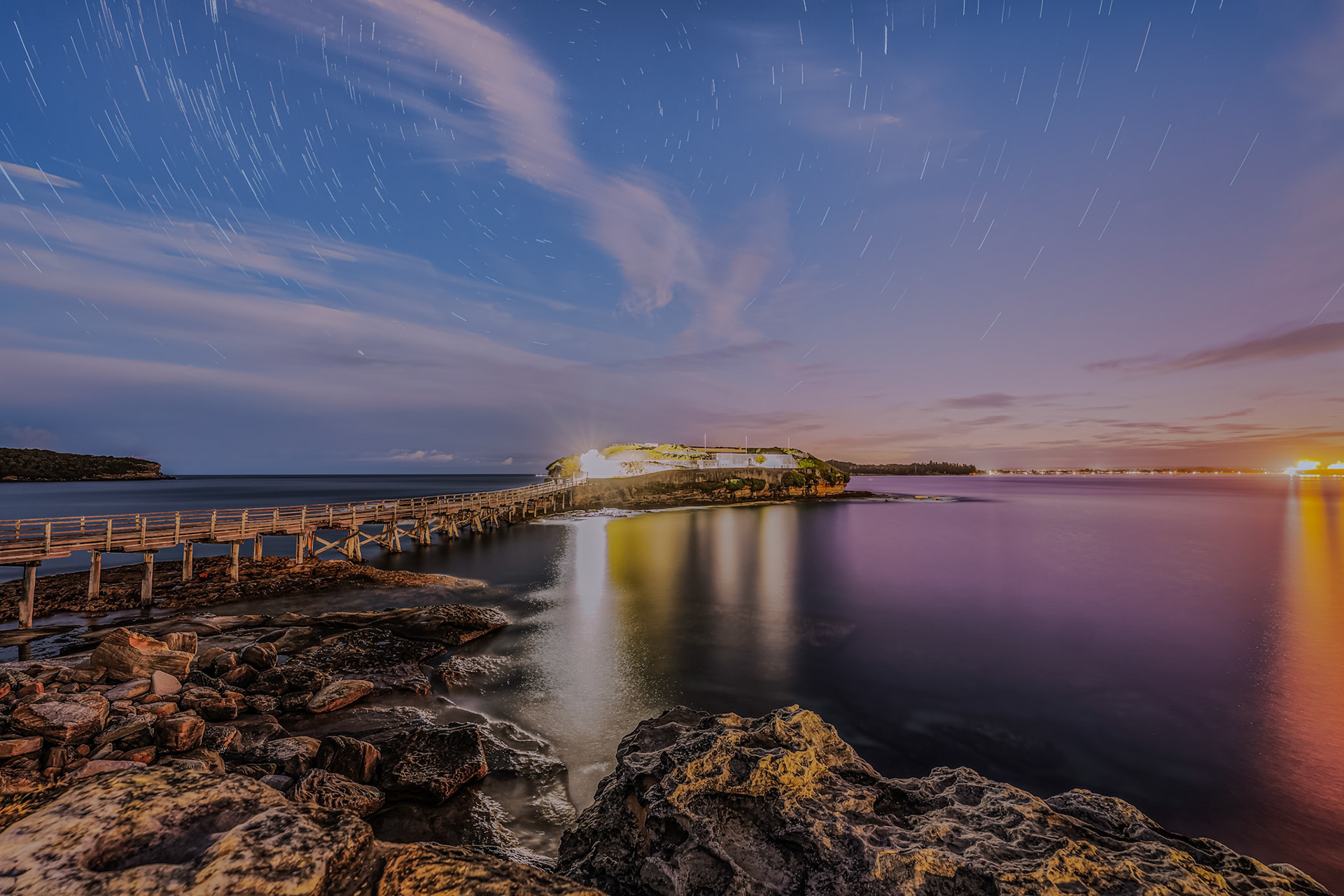 Star trails over Bare Island