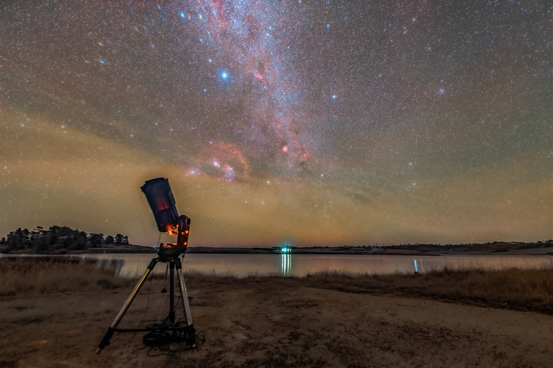 Orion over Pejar Dam with my telescope