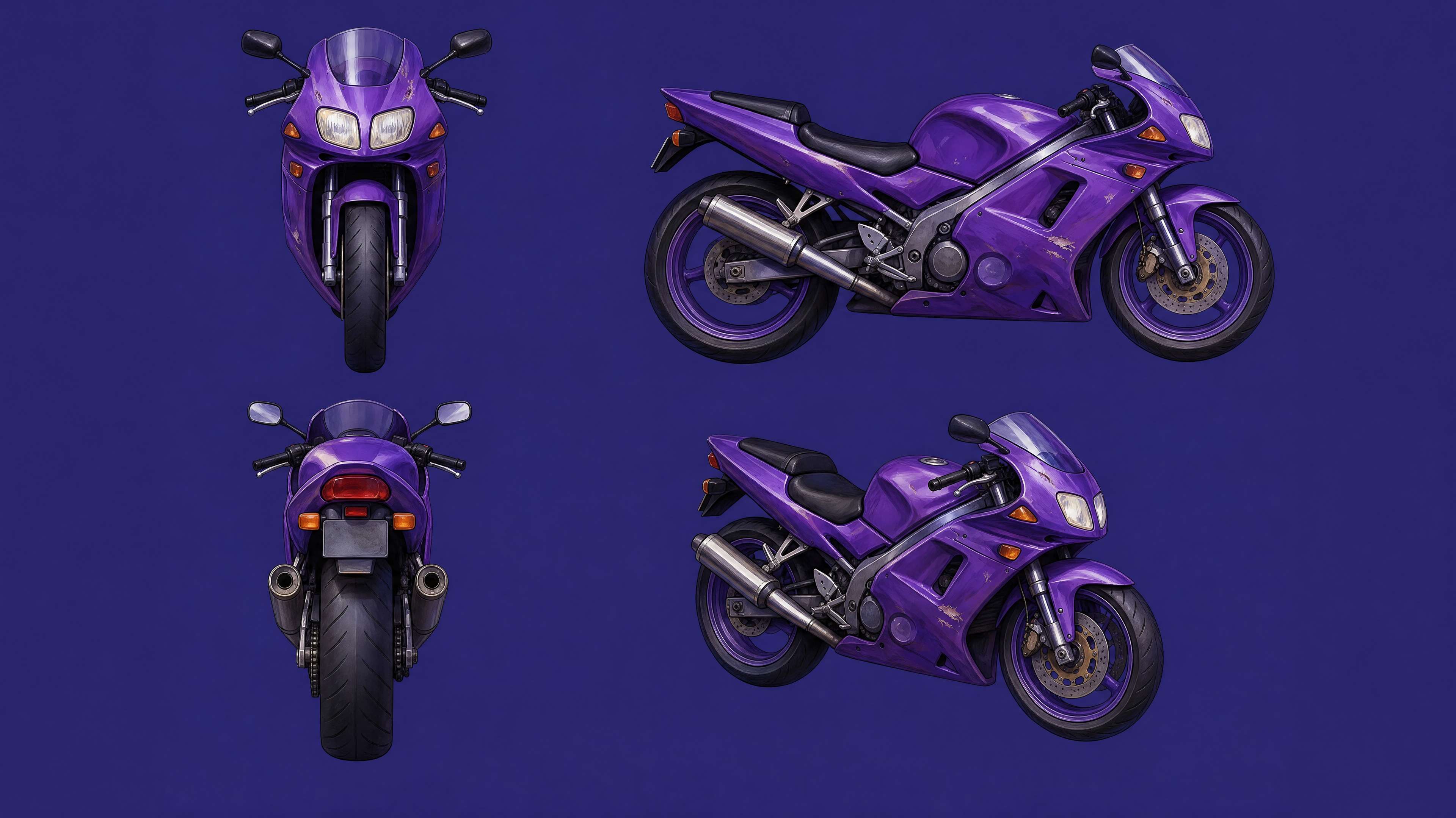 inspired from the attached art direction of roadrash game , color style create a full length image of a motor bike with a motor bike driver wearing a helmet  with drawings on it he is standing beside the bike  the helmet is closed he is wearing yellow with magenta , a purple  racing motor bike  as in the last image  the image should look creative , fummy  , artistic ,  solid background  digital painting  no text