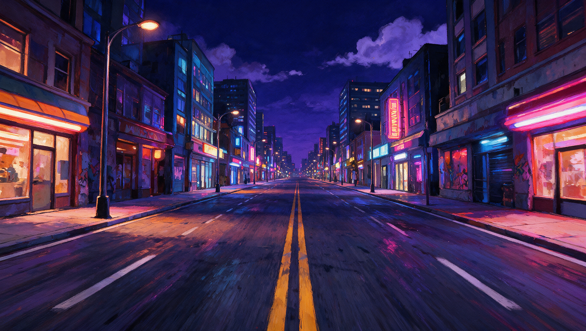 inspired from the attached art direction of roadrash game , color style create a street image inside a city with 2 lanes road  the street is in the middle of the city  neon lights , sky with soft clouds digital painting  no text