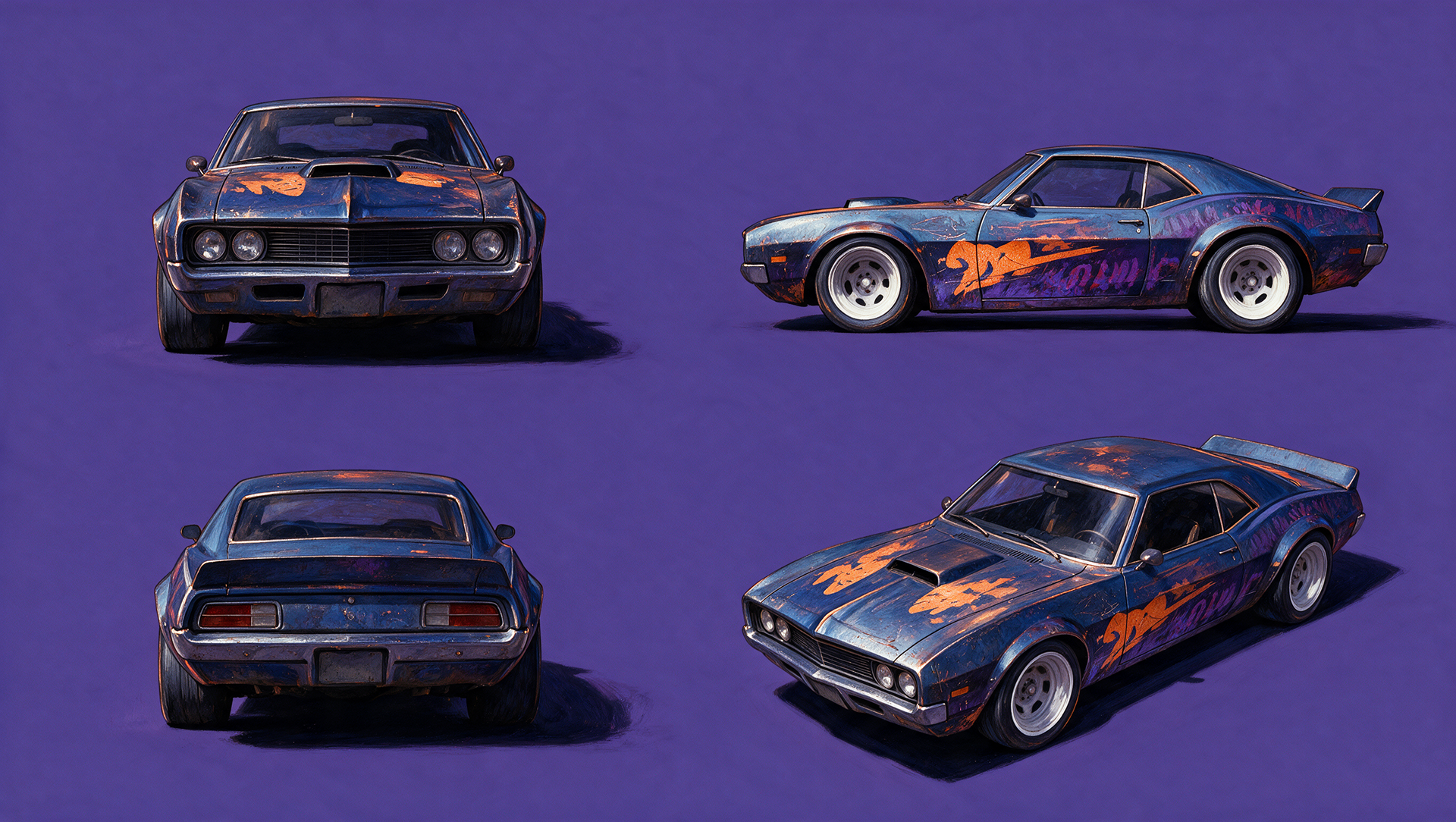 inspired from the attached art direction of roadrash game , color style create a full length CAR  the image should look creative , artistic ,  solid background  digital painting  no text