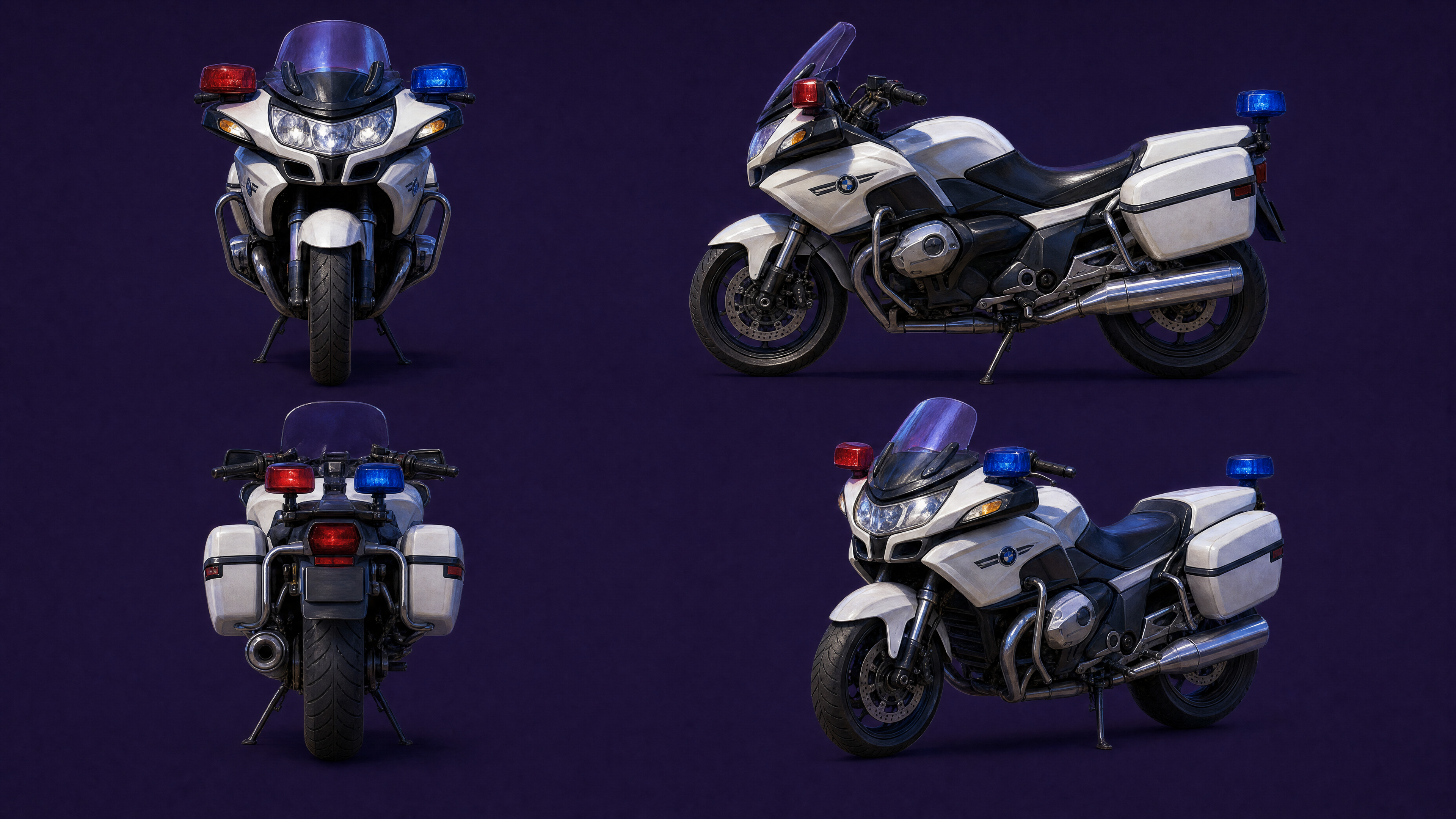 inspired from the attached art direction of roadrash game , color style  create a full length image of a motor bike police man with a motor bike beside him , he is wearing police  helmet    the police motor bike is modern  standing beside his police bike with police red and blue lights on    the image should look creative , funny  , artistic ,  solid background   digital painting     no text