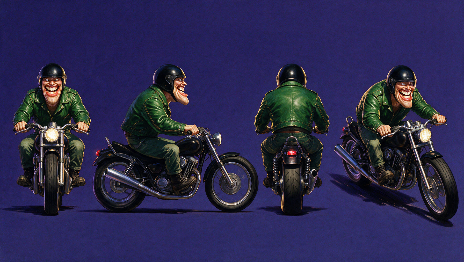 inspired from the attached art direction of roadrash game , color style create a full length image of a motor bike with a motor bike driver wearing a helmet   green leather jacket he is driving the motor bike the helmet is closed the image should look creative , fummy  , artistic ,  solid background  digital painting  no text