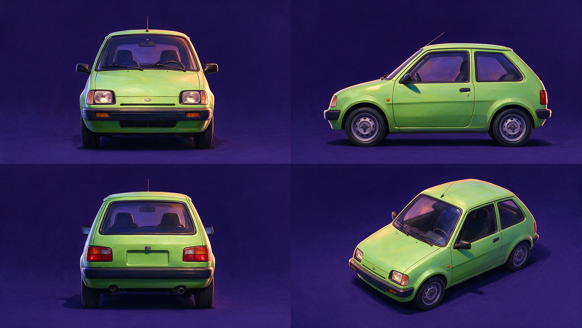 inspired from the attached art direction of roadrash game , color style create a full length CAR  , small size car  , new color the image should look  artistic ,  solid background  digital painting  no text