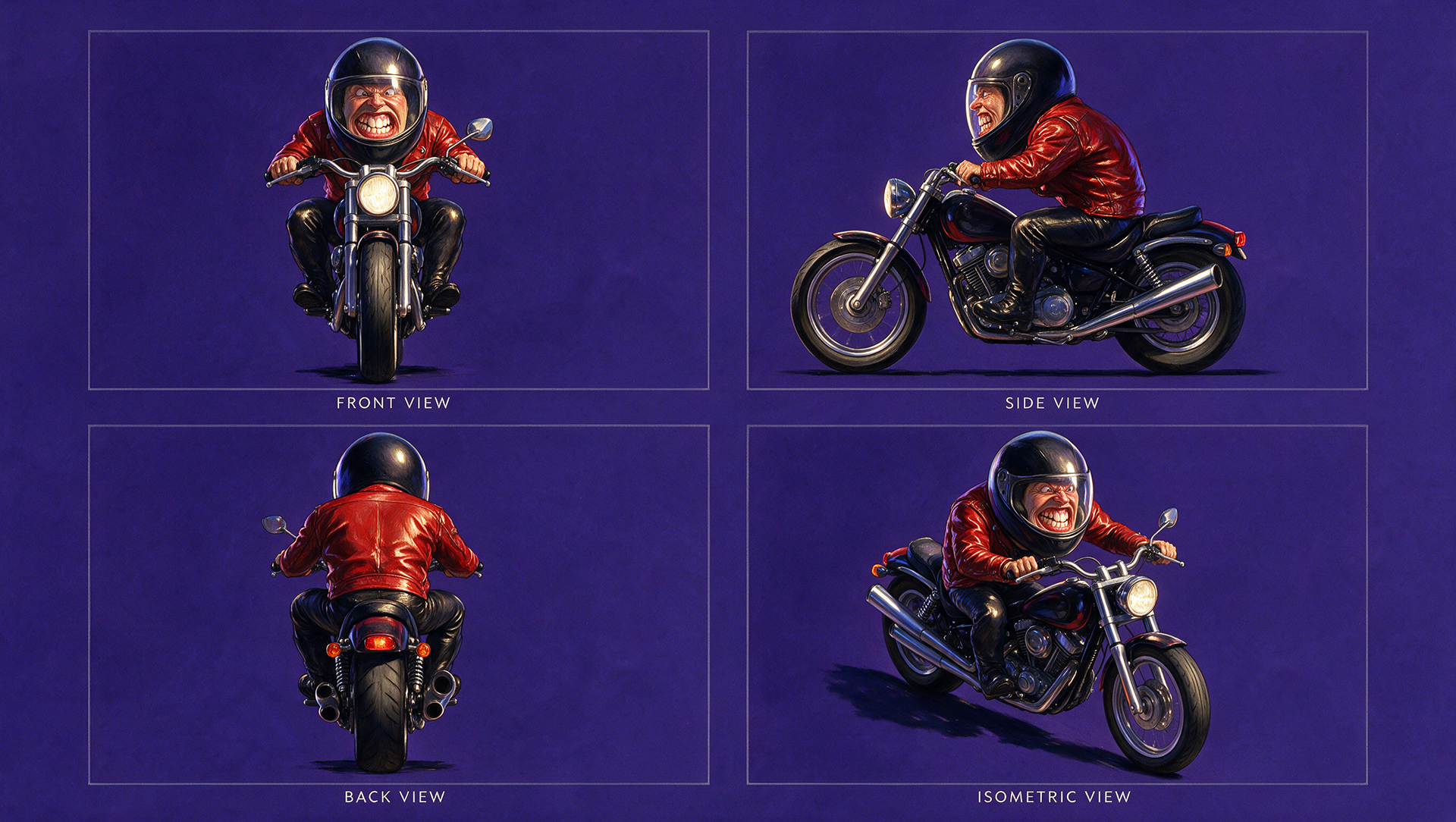 inspired from the attached art direction of roadrash game , color style create a full length image of a motor bike with a motor bike driver wearing a helmet   he is driving the motor boke the helmet is closed the image should look creative , fummy  , artistic ,  solid background  digital painting  no text