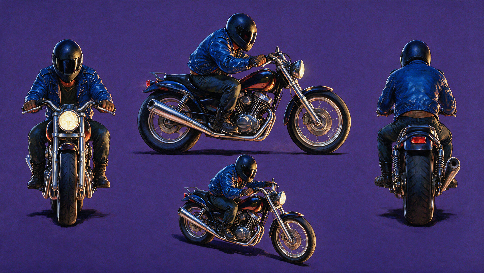 inspired from the attached art direction of roadrash game , color style create a full length image of a motor bike with a motor bike driver wearing a helmet   he is driving the motor boke the helmet is closed the image should look creative , fummy  , artistic ,  solid background  digital painting  no text
