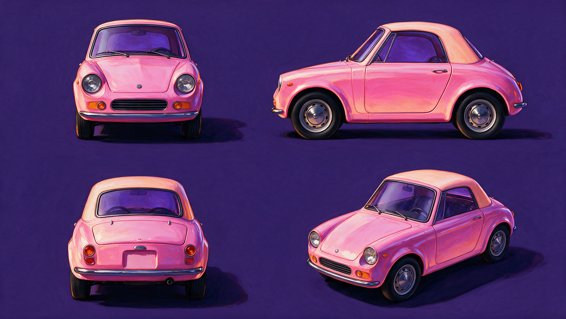 inspired from the attached art direction of roadrash game , color style create a full length CAR  , small size car  , new color the image should look  artistic ,  solid background  digital painting  no text