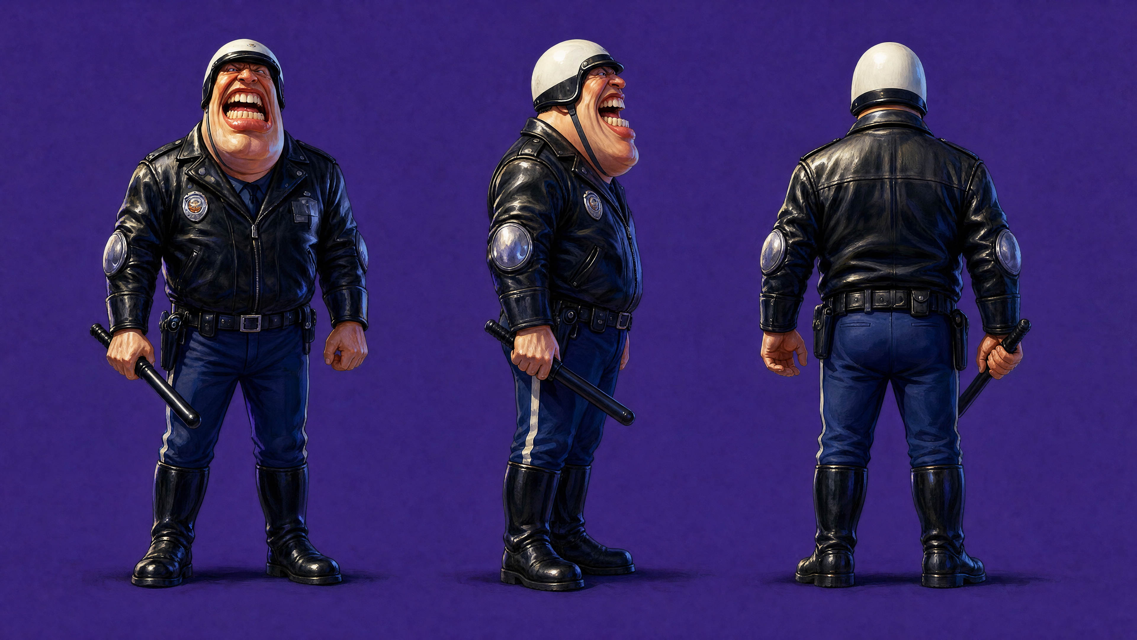 inspired from the attached art direction of roadrash game , color style create a full length image of a motor bike police man with a motor bike beside him , he is wearing police  helmet   the police motor bike is modern standing beside his police bike with police red and blue lights on the police is wearing a black police jacket with a padge , a white helmet , holding a black police stick the image should look creative , funny  , artistic ,  solid background  digital painting  no text