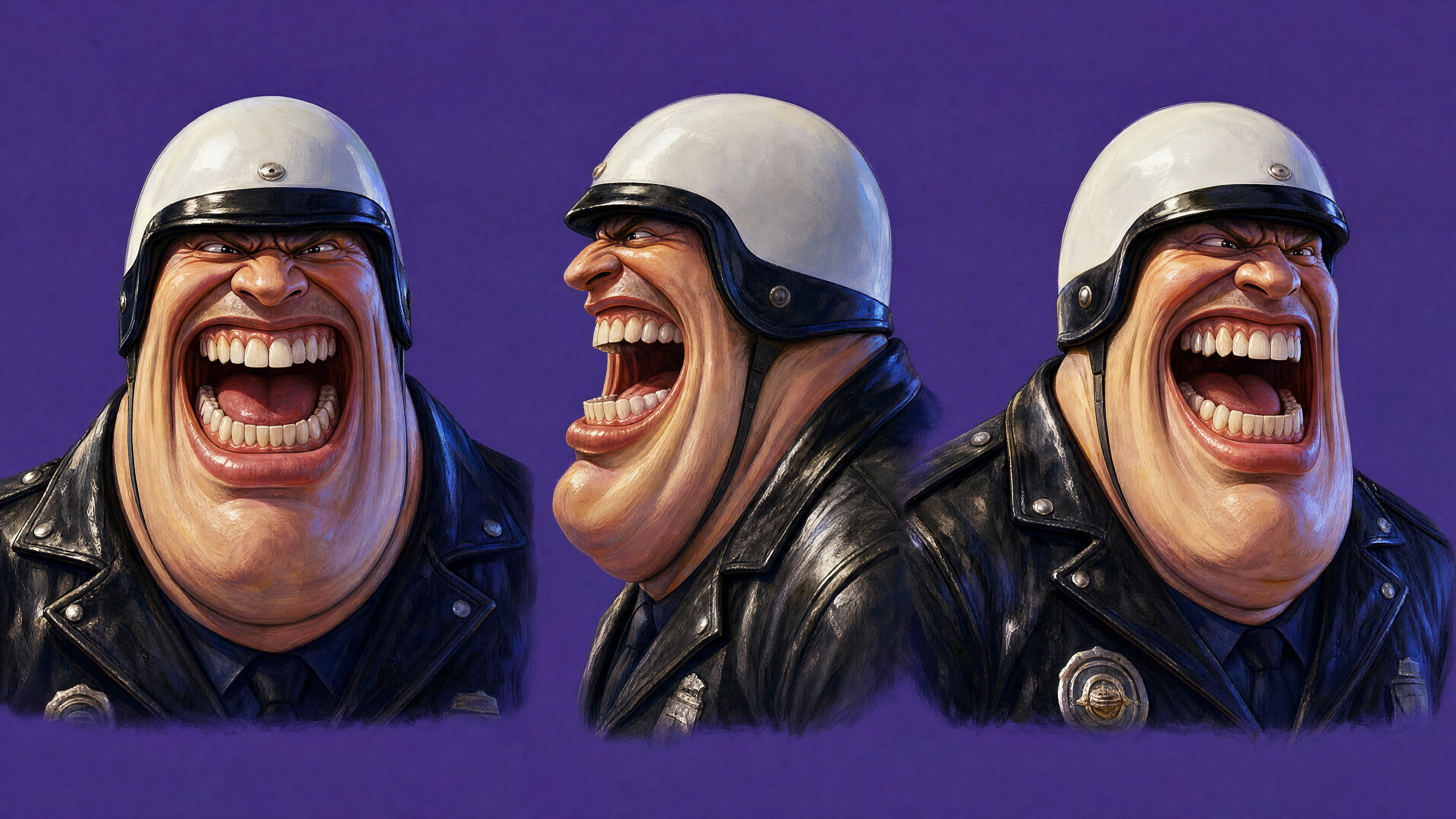 inspired from the attached art direction of roadrash game , color style create a full length image of a motor bike police man with a motor bike beside him , he is wearing police  helmet   the police motor bike is modern standing beside his police bike with police red and blue lights on the police is wearing a black police jacket with a padge , a white helmet , holding a black police stick the image should look creative , funny  , artistic ,  solid background  digital painting  no text