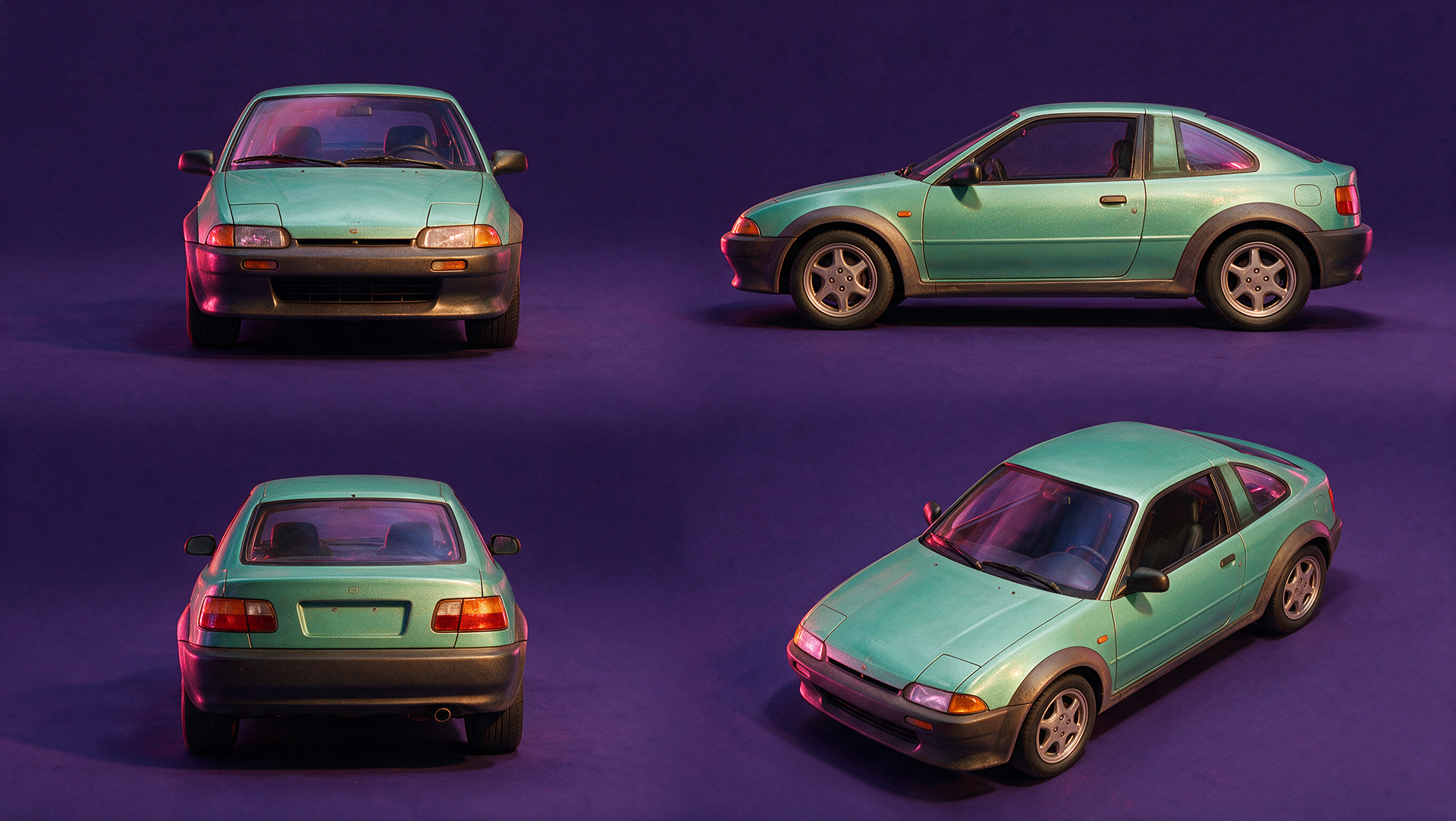 inspired from the attached art direction of roadrash game , color style create a full length CAR  , small size car  , new color the image should look  artistic ,  solid background  digital painting  no text