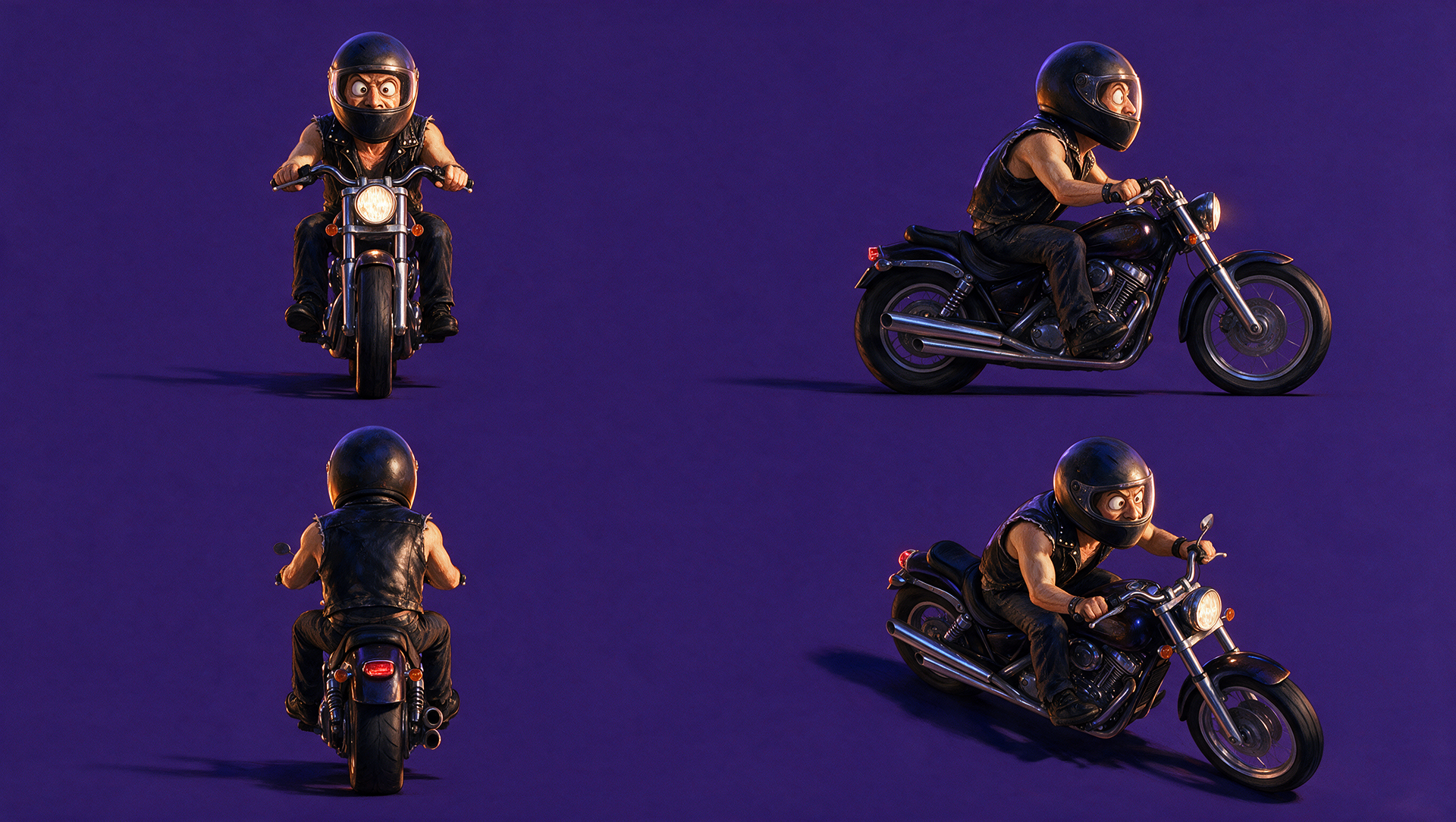 inspired from the attached art direction of roadrash game , color style create a full length image of a motor bike with a motor bike driver wearing a helmet   he is driving the motor boke the helmet is closed the image should look creative , fummy  , artistic ,  solid background  digital painting  no text