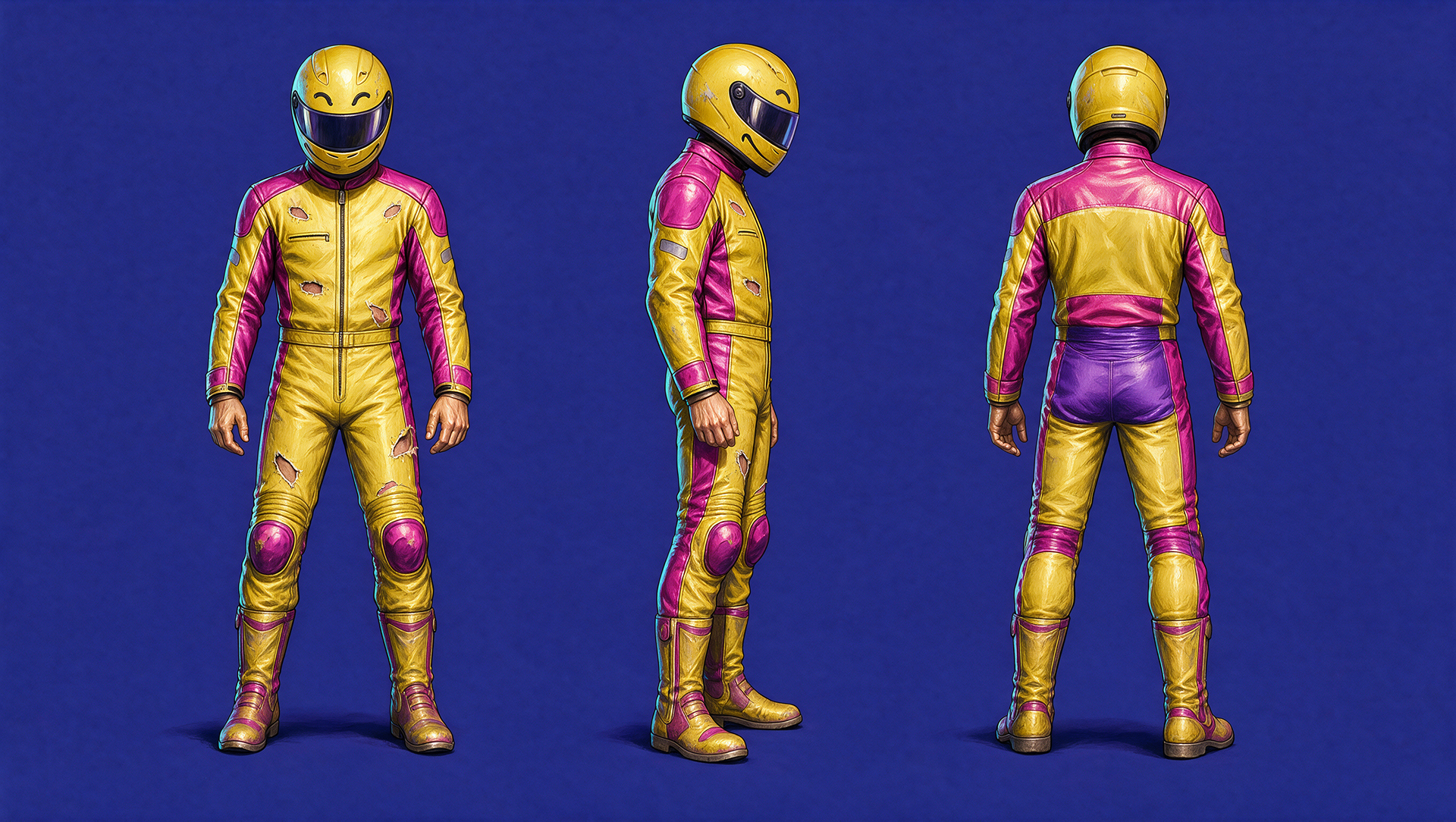 inspired from the attached art direction of roadrash game , color style create a full length image of a motor bike with a motor bike driver wearing a helmet  with drawings on it he is standing beside the bike  the helmet is closed he is wearing yellow with magenta , a purple  racing motor bike  as in the last image  the image should look creative , fummy  , artistic ,  solid background  digital painting  no text