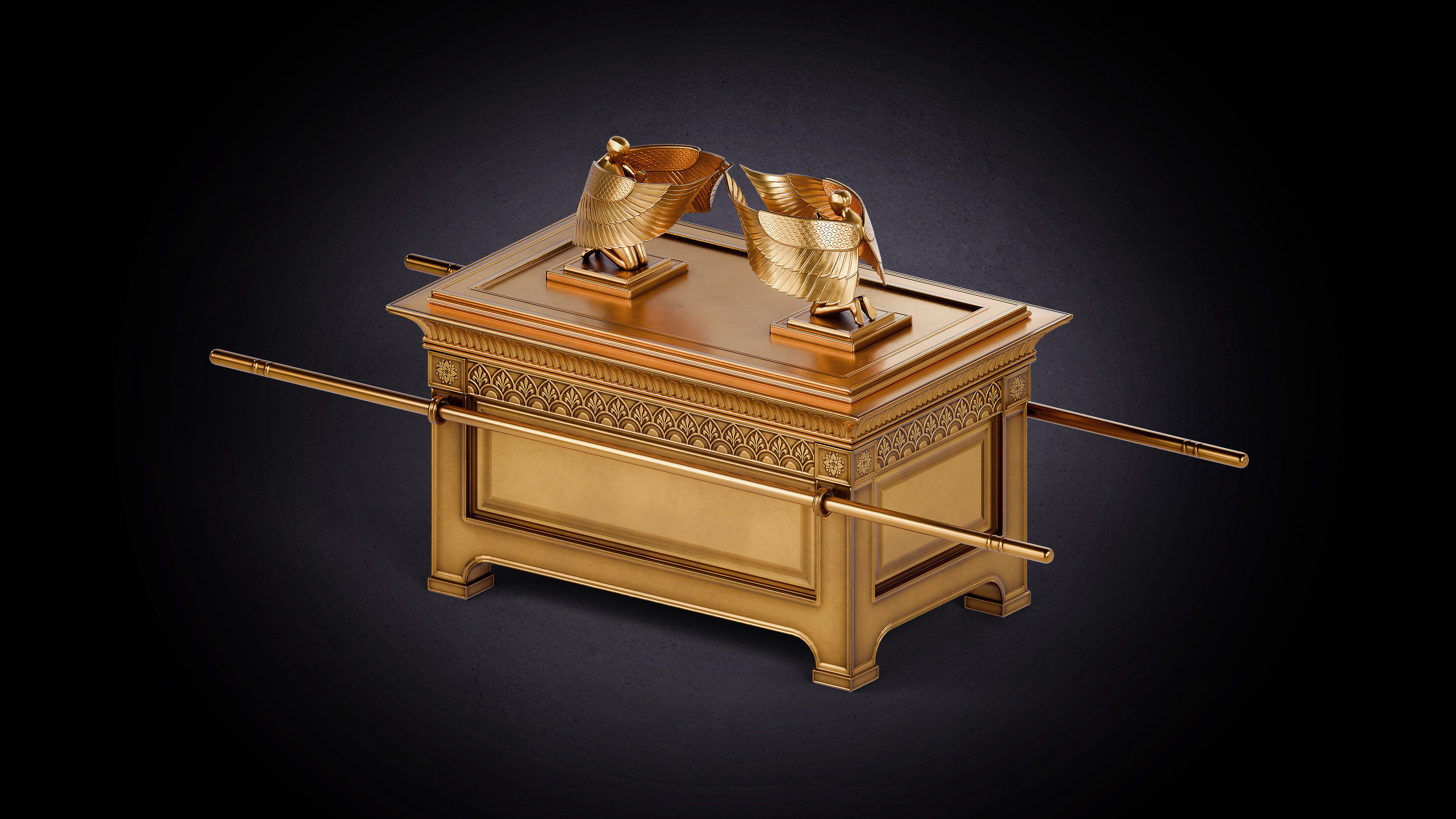 3D render of the Ark of the Covenant from the Tabernacle of Moses, showing a gold-overlaid acacia wood chest with a solid gold Mercy Seat and two facing Cherubim, modeled in Blender with realistic gold texturing.