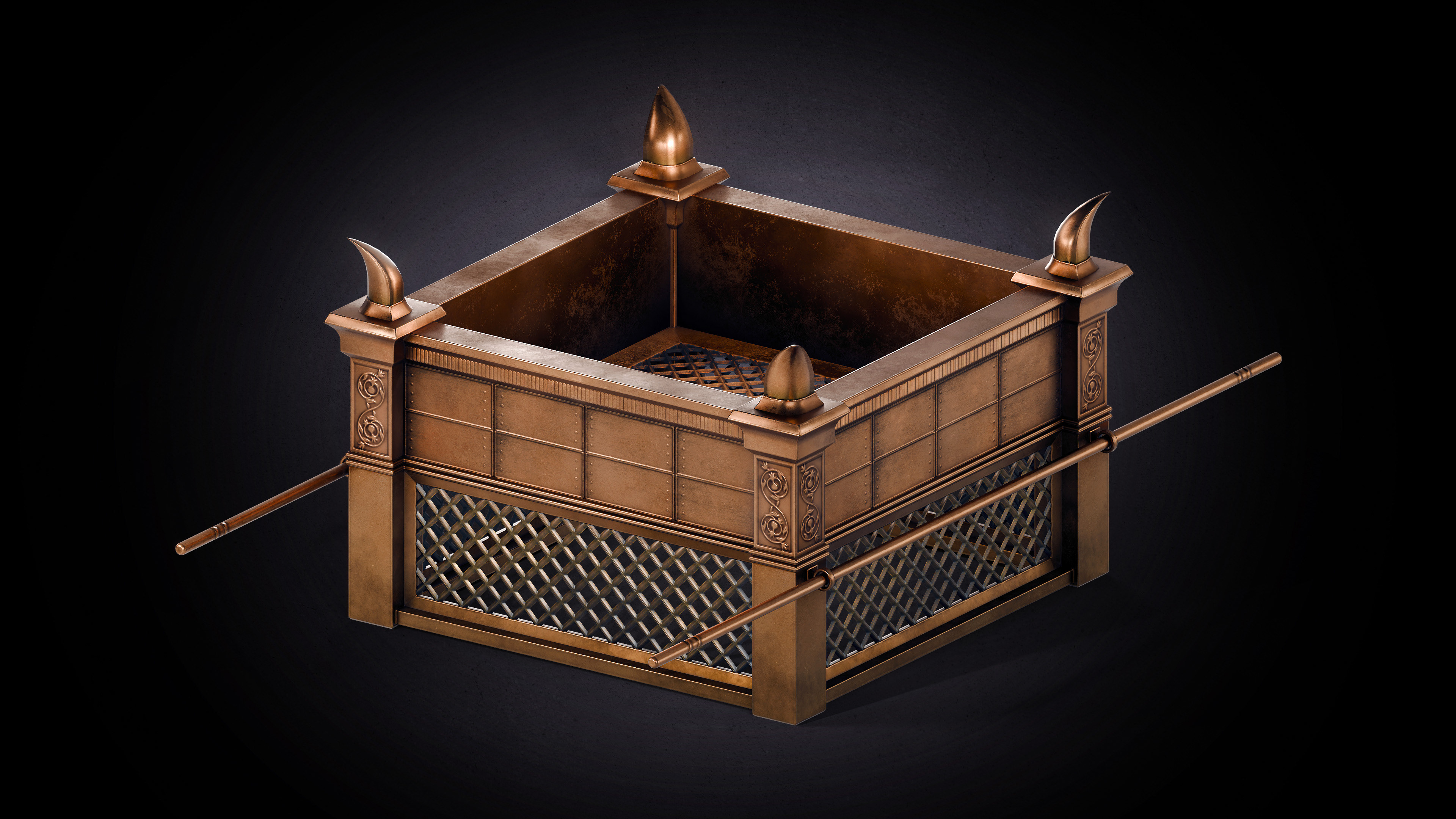 3D render of the Altar of Burnt Offering from the Tabernacle of Moses, showing a bronze-overlaid acacia wood altar with corner horns and a central grating, modeled in Blender with realistic aged bronze texturing.