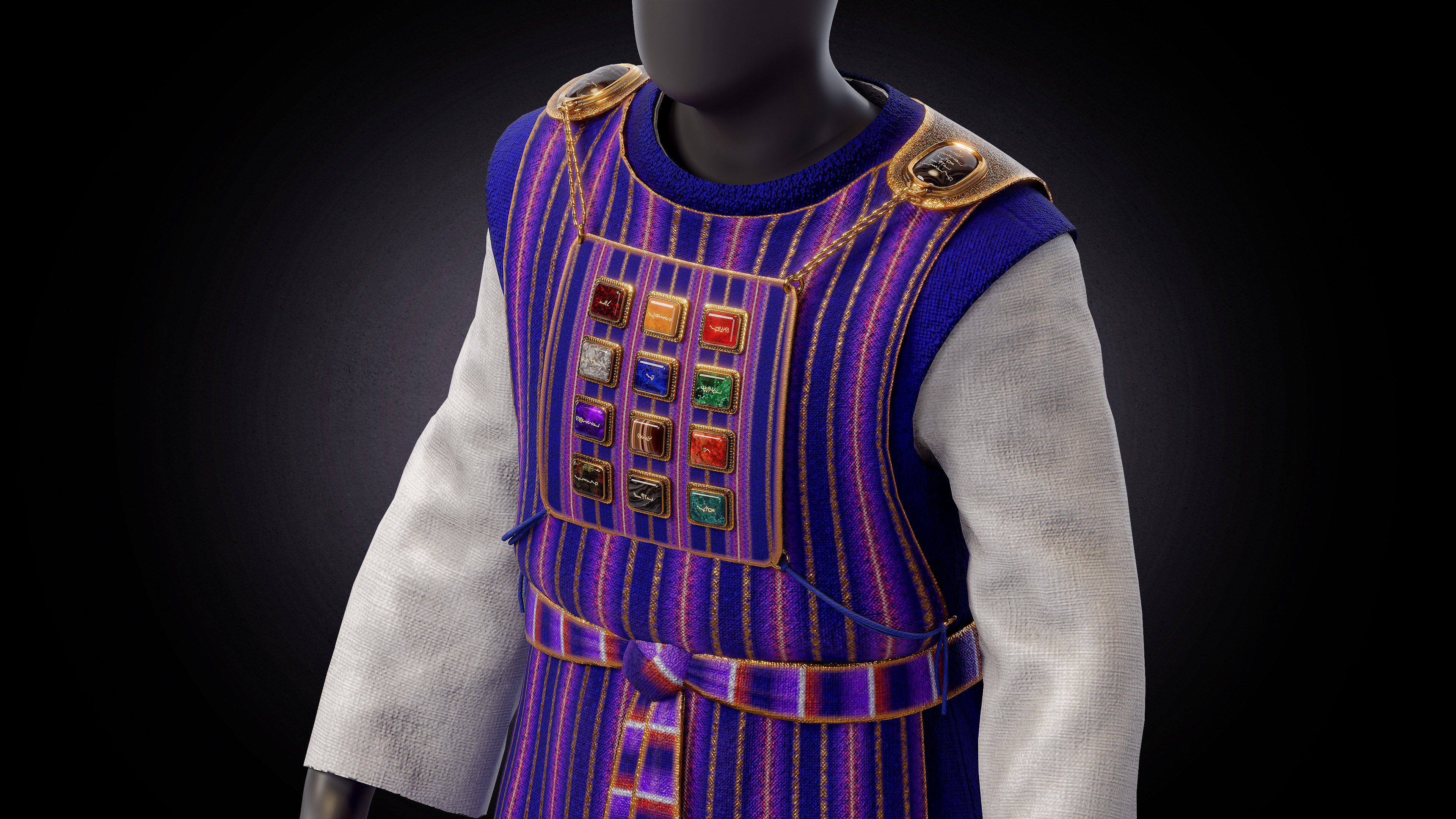 3D render of the High Priest’s ephod from the Tabernacle of Moses, showing the richly woven blue, purple, scarlet, and gold garments, the jeweled breastpiece, and engraved shoulder stones, modeled in Blender with realistic materials and detailed texturing.