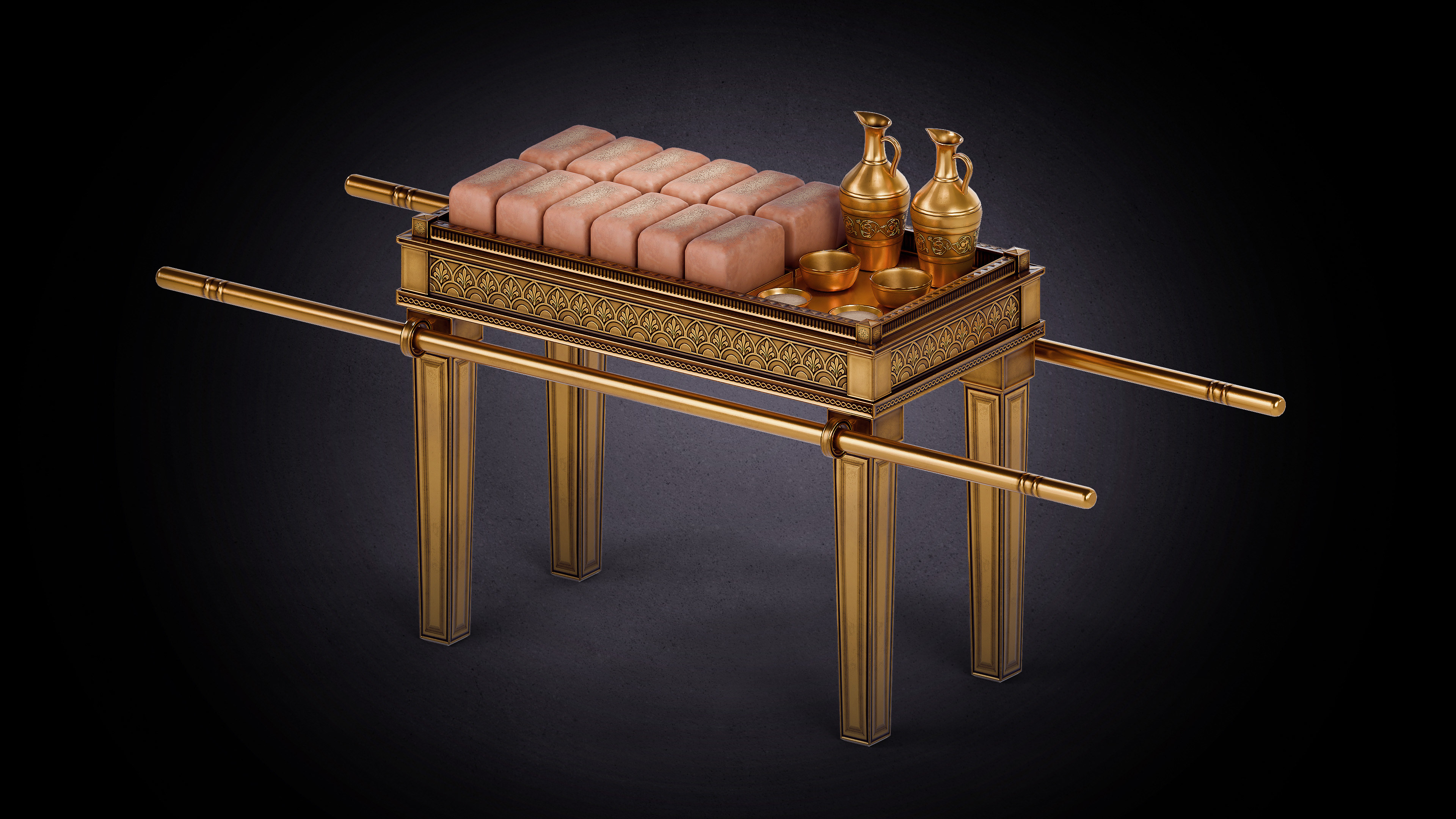 3D render of the Table of Showbread (Bread of the Presence) from the Tabernacle of Moses, showing a gold-overlaid wooden table with a decorative crown border, carrying rings, and golden vessels, modeled in Blender with realistic gold texturing.