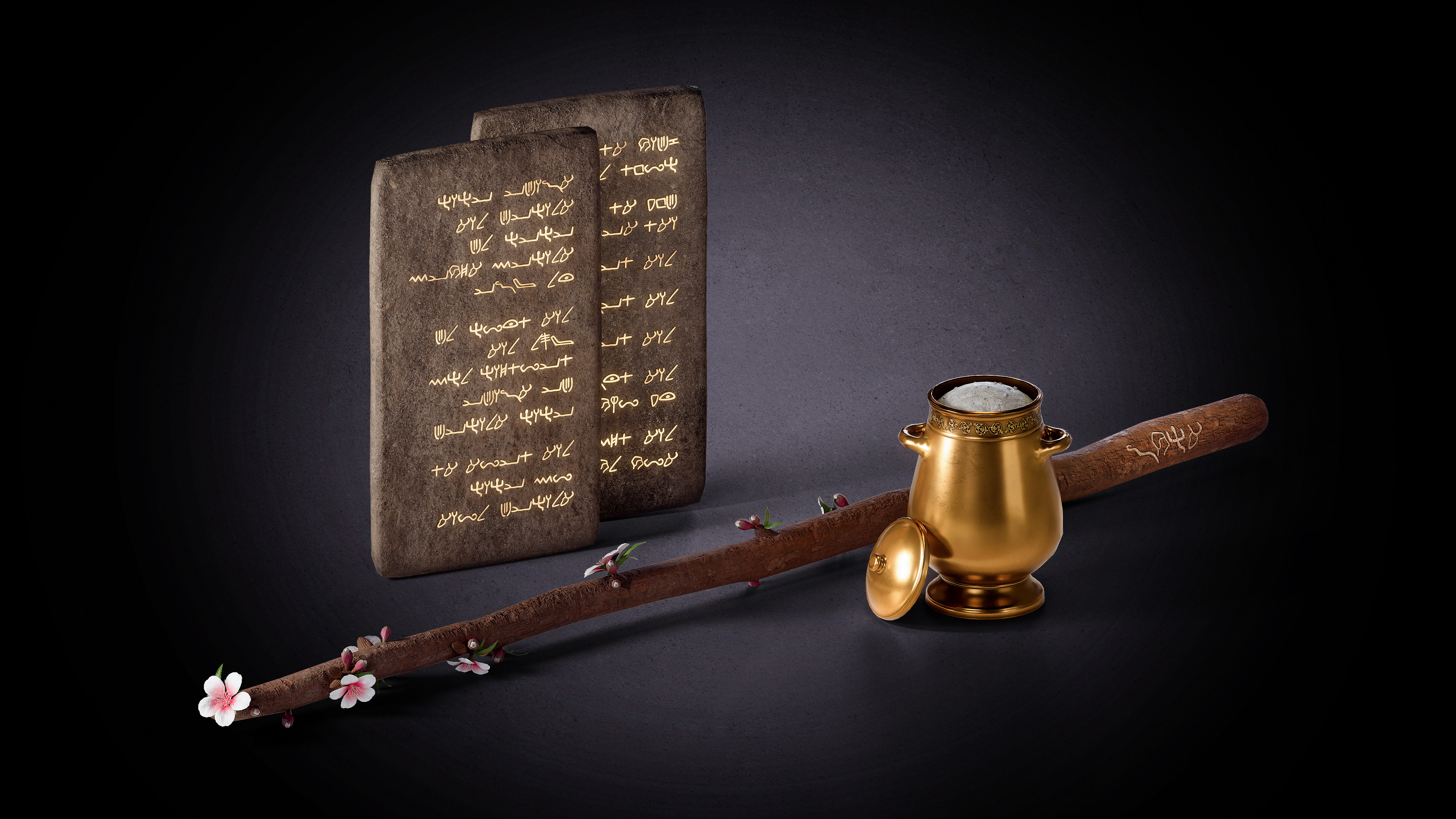 3D render of the sacred items of the Ark of the Covenant from the Tabernacle of Moses, showing the Tablets of the Covenant, the Golden Jar of Manna, and Aaron’s Rod That Budded, modeled in Blender with realistic materials and detailed texturing.