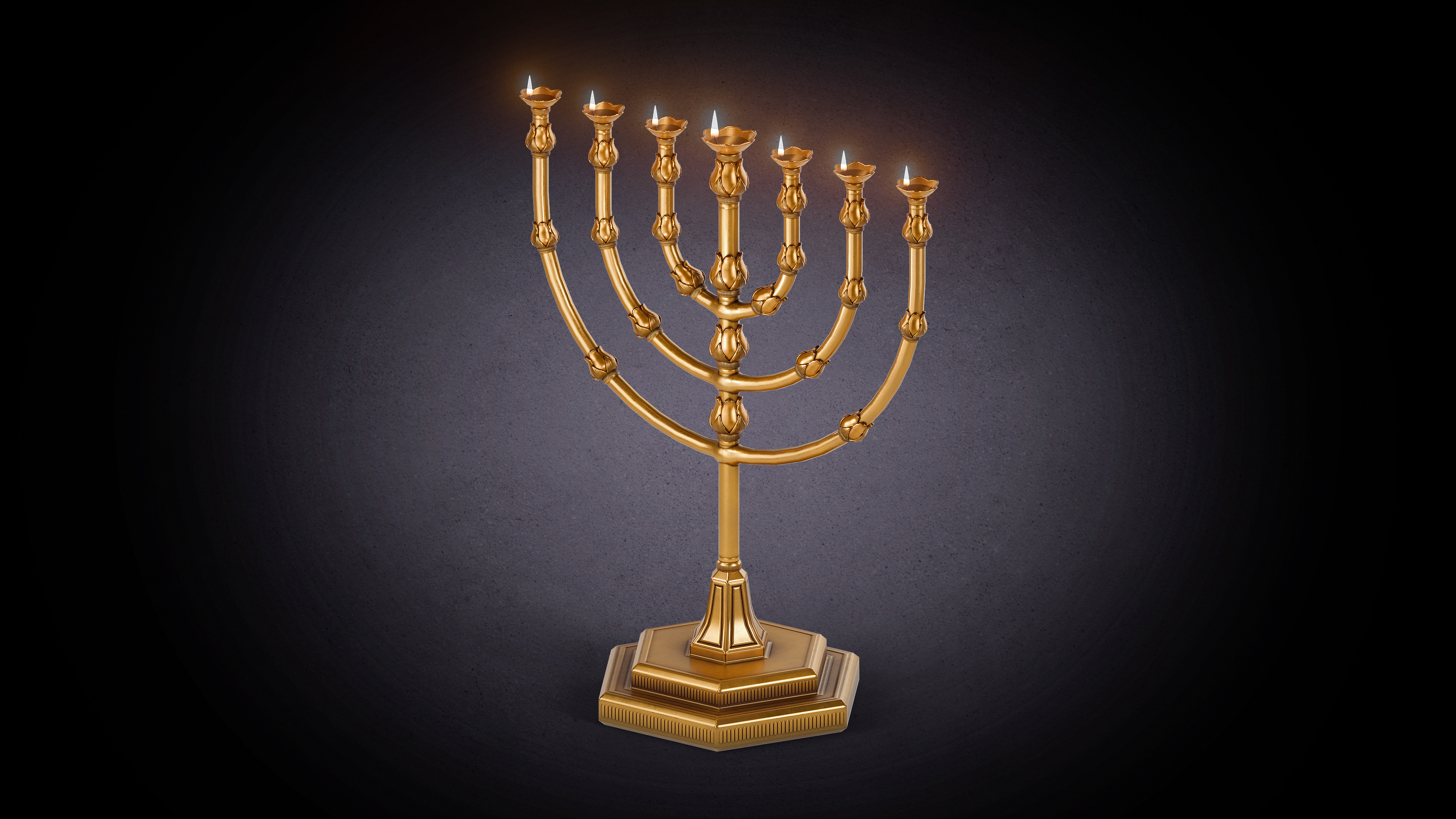 3D render of the Gold Lampstand (Menorah) from the Tabernacle of Moses, showing a seven-branched pure gold candlestick with almond-shaped bowls and decorative knops, modeled in Blender with realistic gold texturing
