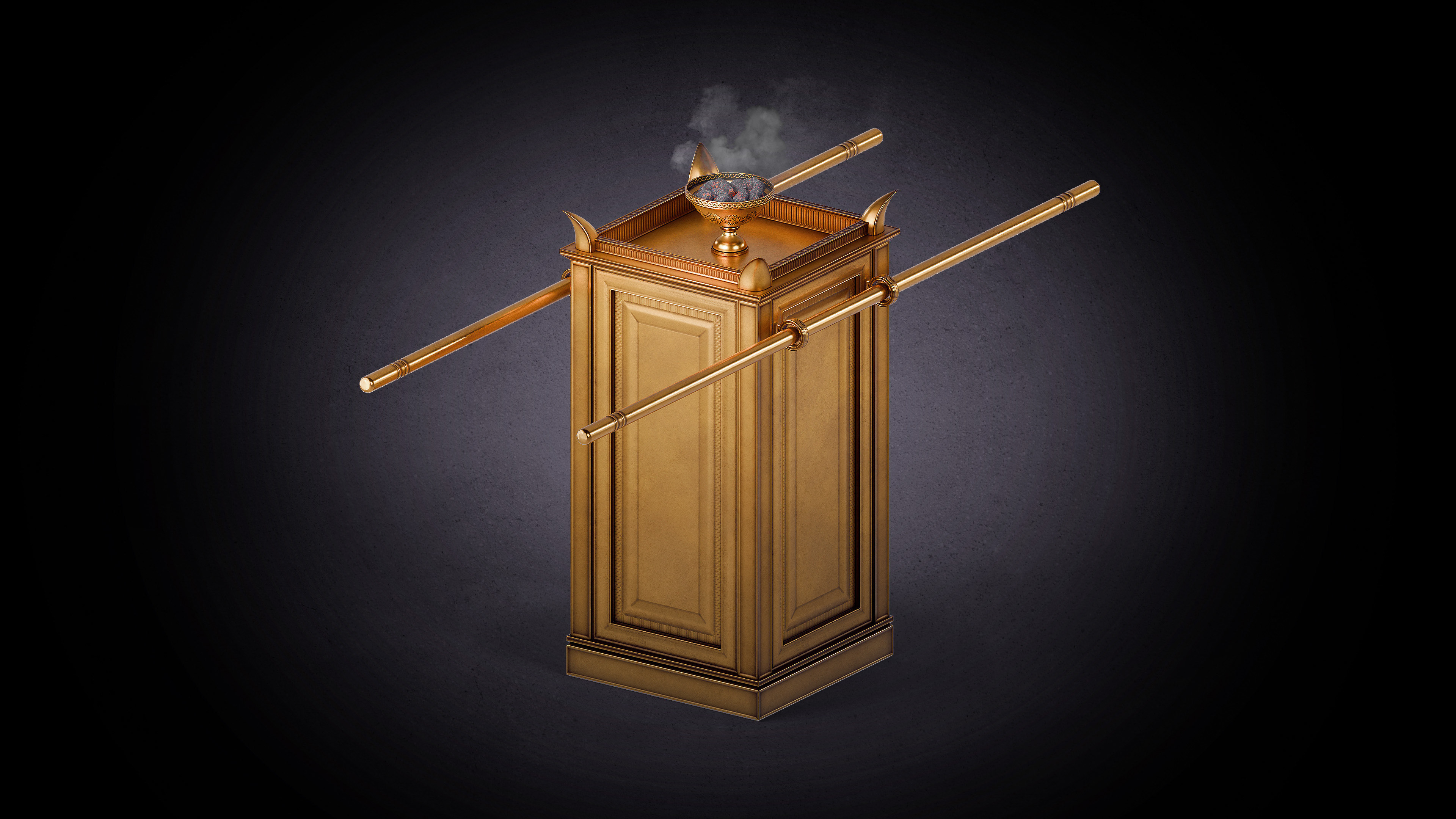 3D render of the Altar of Incense from the Tabernacle of Moses, showing a gold-overlaid wooden altar with horns at each corner and a decorative crown of gold, modeled in Blender with realistic gold texturing.