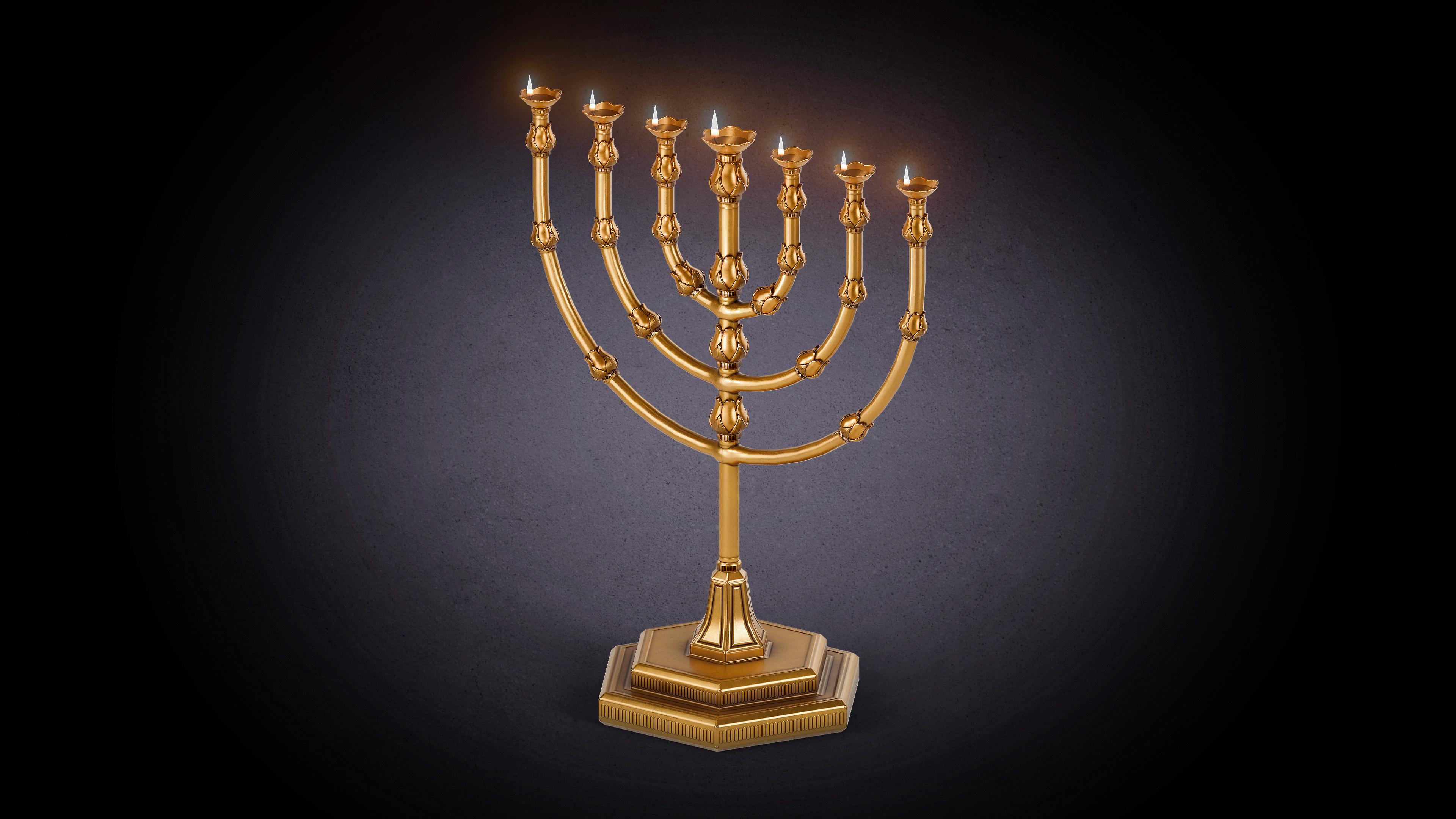 3D render of the Gold Lampstand (Menorah) from the Tabernacle of Moses, showing a seven-branched pure gold candlestick with almond-shaped bowls and decorative knops, modeled in Blender with realistic gold texturing.