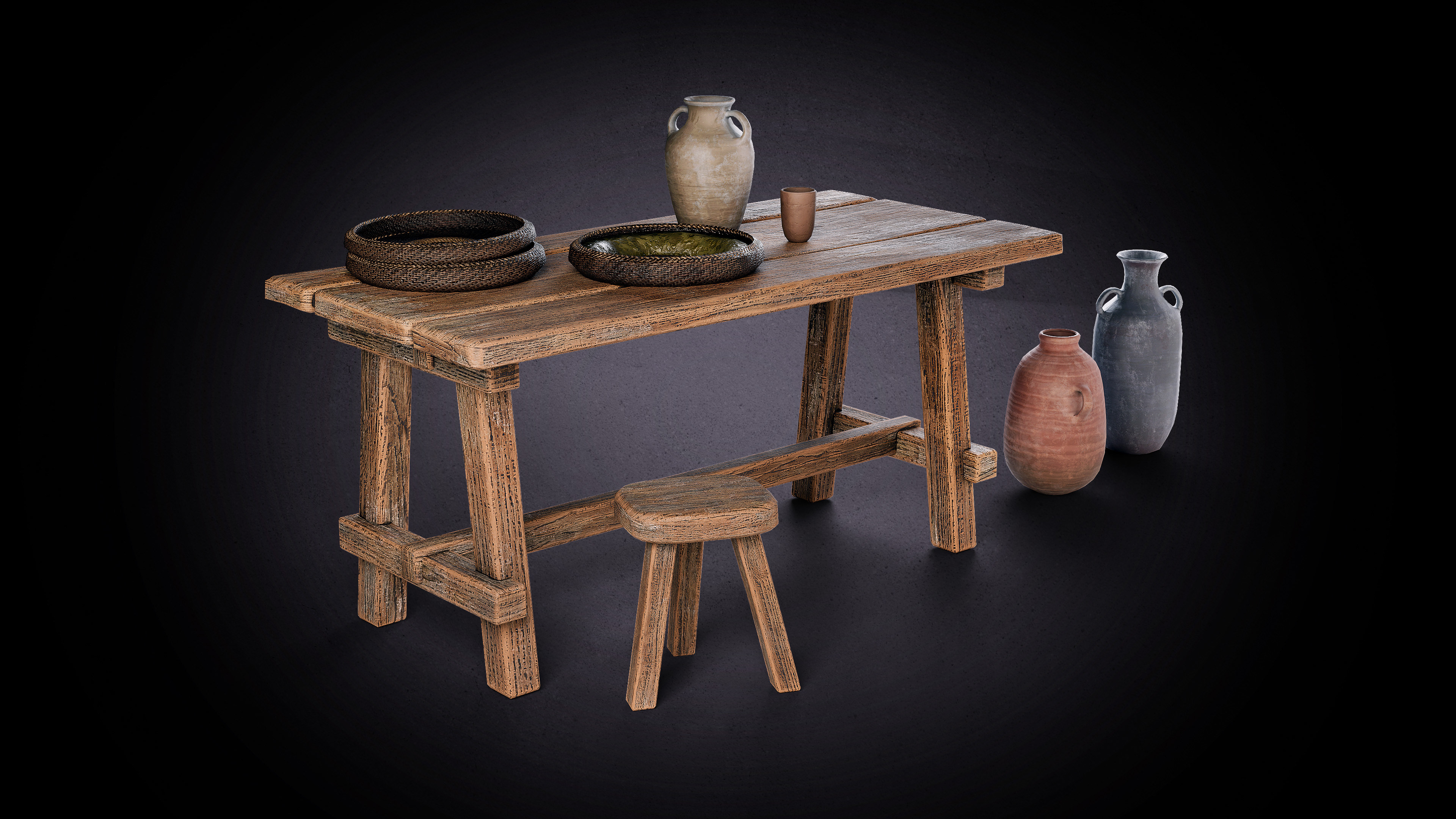 3D model of an ancient wooden workshop table from first-century Galilee, set with ceramic vases, woven olive baskets, and small vessels. The scene is part of a Jesus of Nazareth VR experience and depicts everyday biblical-era household and workshop props with realistic worn wood and handcrafted materials.
