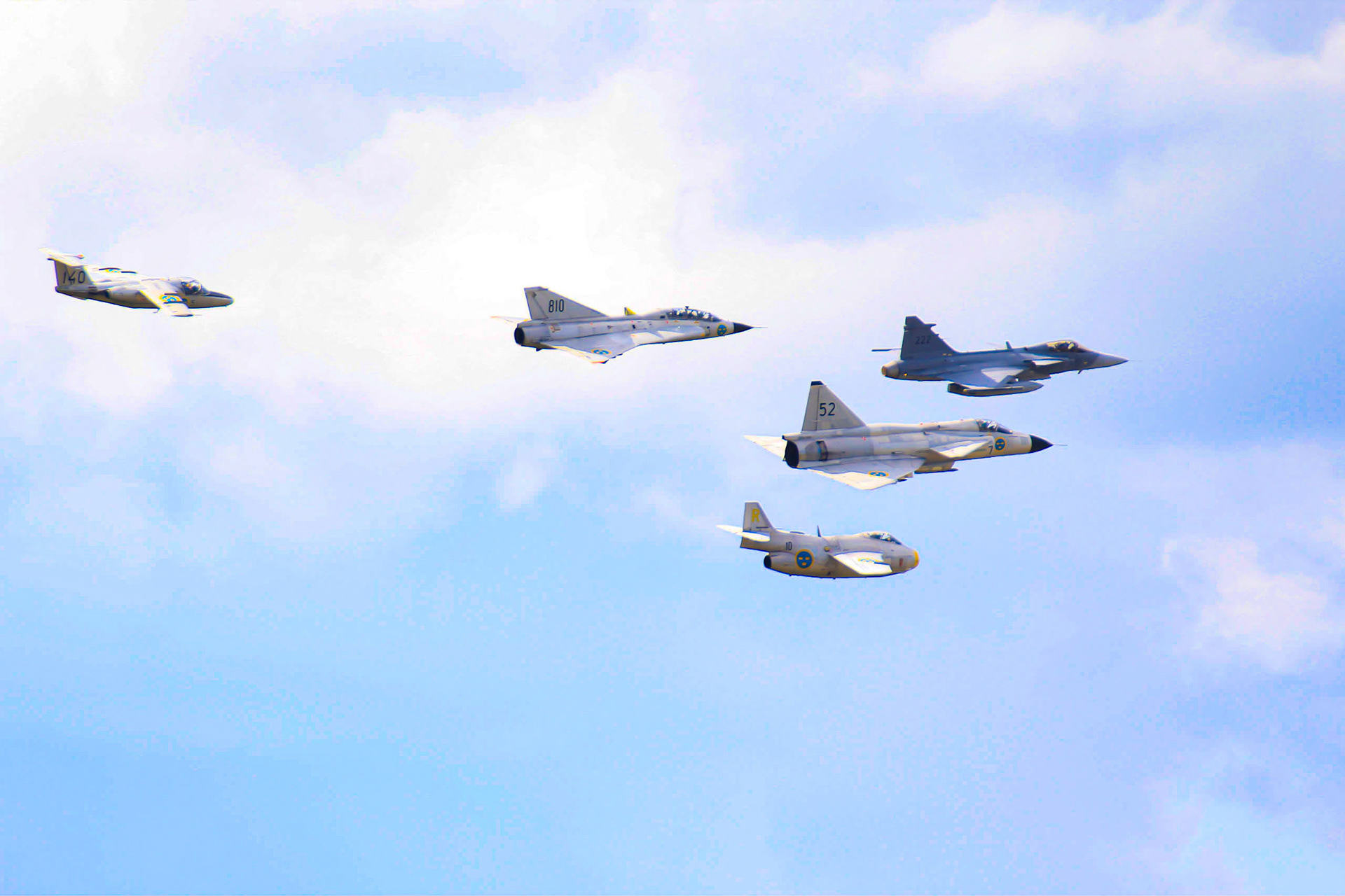 Five generations of SAAB: SK60, J 35 Draken, JAS 39 Gripen, AJS 37 Viggen and J 29 Tunnan