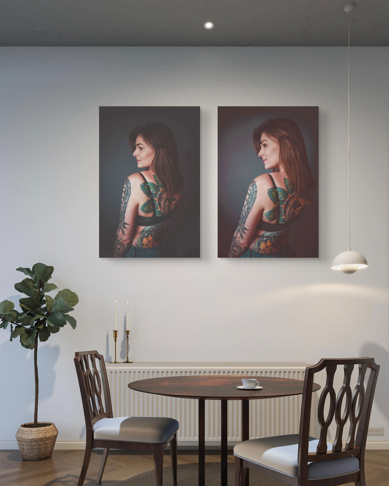 Porträtaufnahme einer Frau mit großflächigen, farbigen Tattoos am Rücken und Arm, fotografiert im Profil vor dunklem Hintergrund im Fotostudio von Medusa Fotografie in Regensburg.