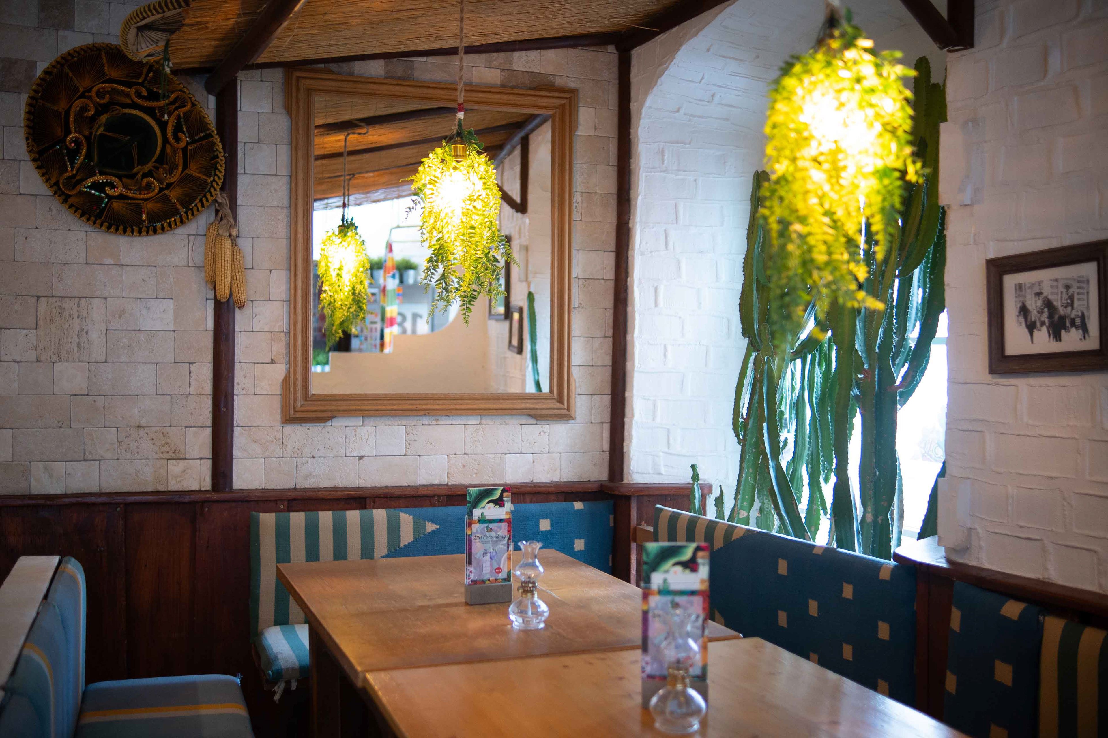 Professionelle Gastronomie-Fotografie einer modernen Restaurant-Bar mit stilvollen Hängelampen, Pflanzen und gemütlicher Beleuchtung im Hintergrund