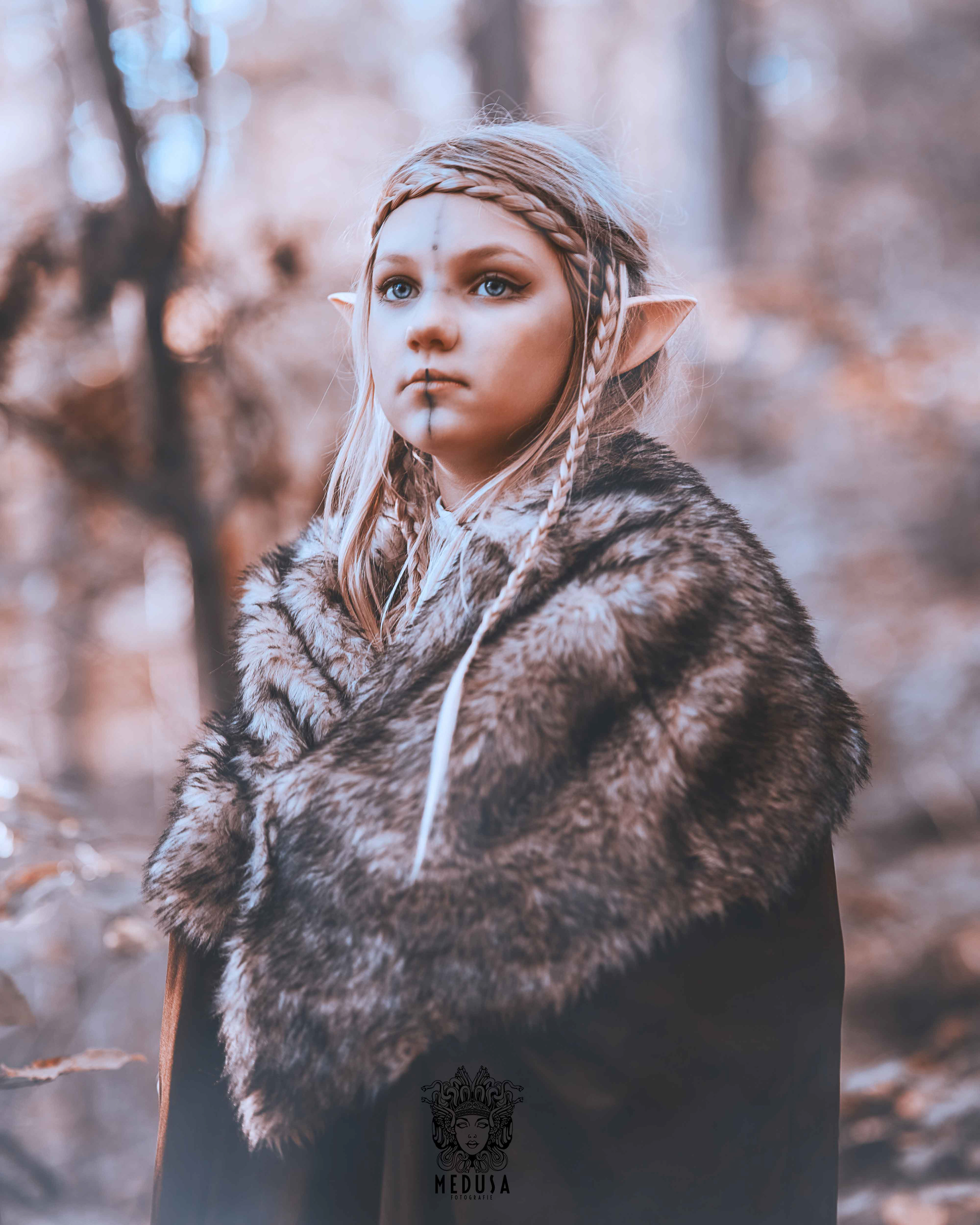 Porträt einer Elfen Kriegerin im herbstlichen Wald bei einem Outdoor Fantasy Fotoshooting. Die Cosplayerin blickt mit ernstem, stolzem Ausdruck in die Kamera von Medusa Fotografie. Fokus auf das Gesicht mit feinen Linien-Details im Make-up