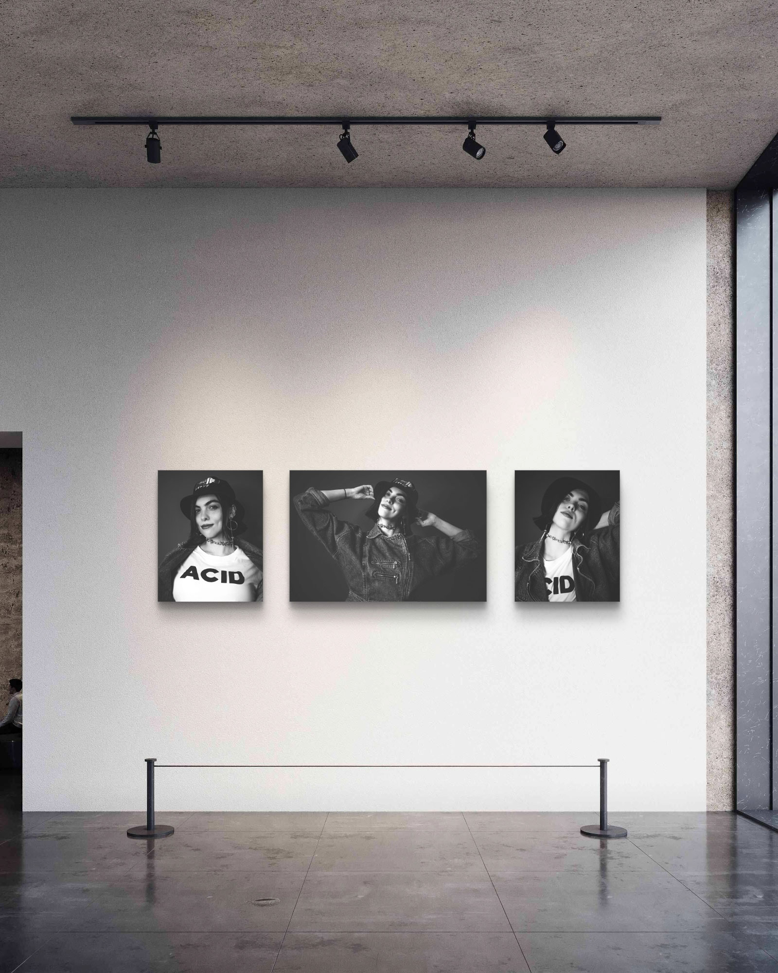 Eine Bilderserie mit Portraits einer frau mit schwarzen Haaren und Hut in schwarz weiß Optik