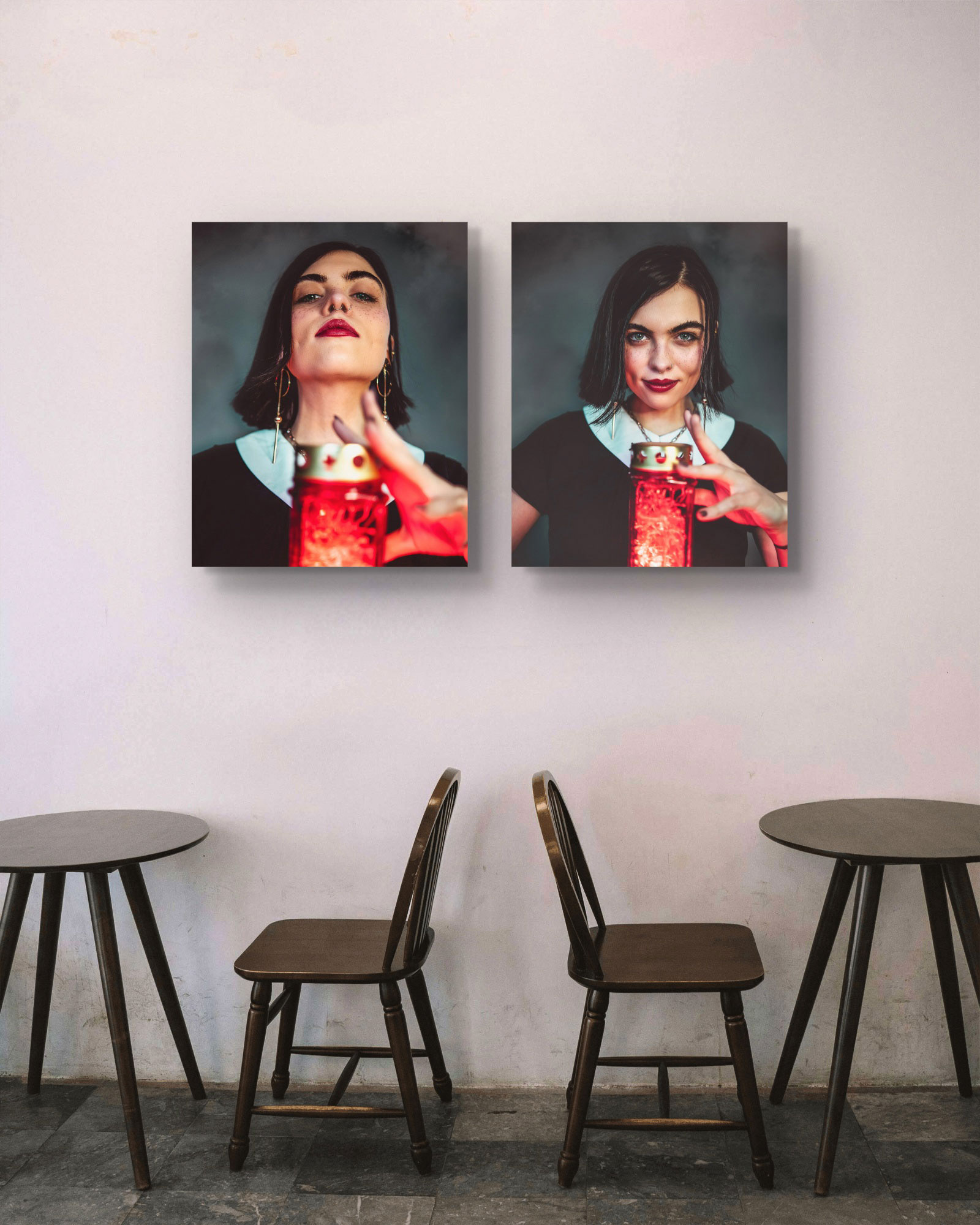 Kreative Portraitbilder in einem Restaurant mit einer Frau mit schwarzen Haaren