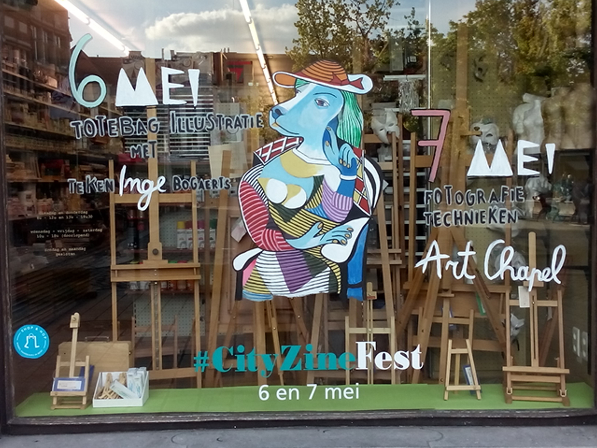 Windowdrawing 'vitrine De Gouden Pluim Picasso style'