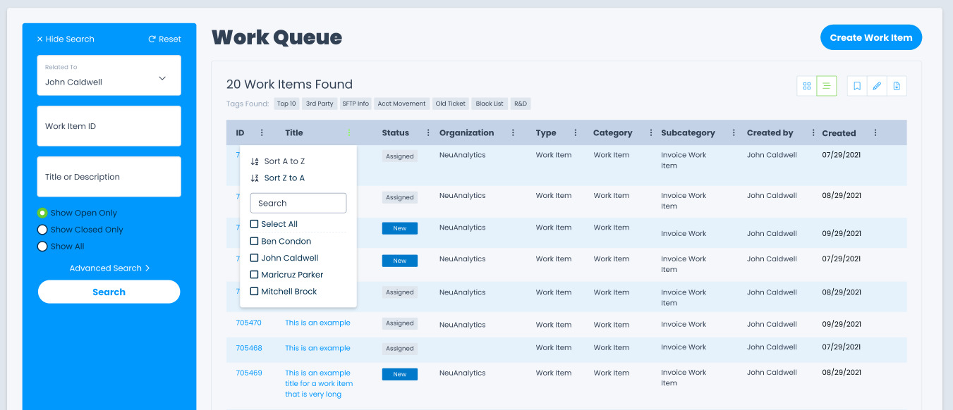 Grid view - Sortable, Filterable columns