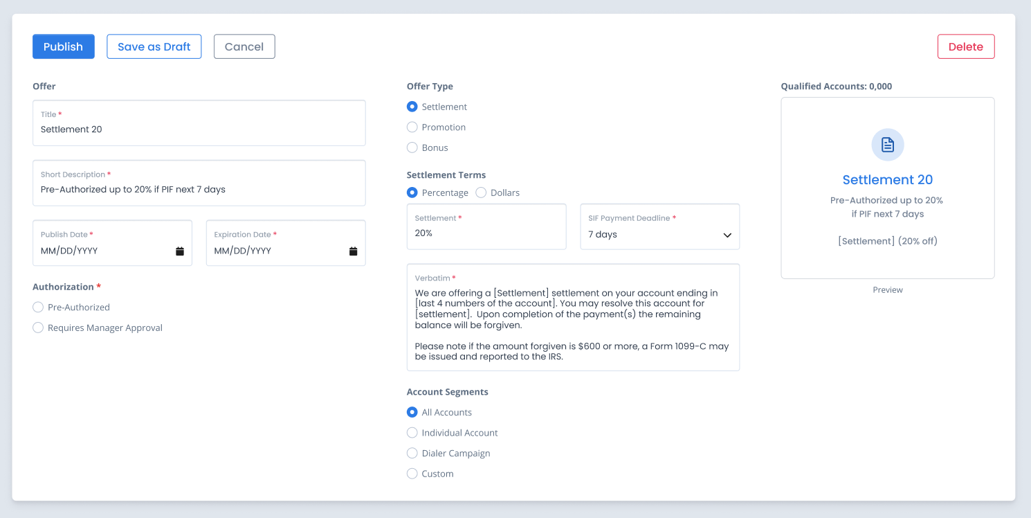 New Settlement Offers Form