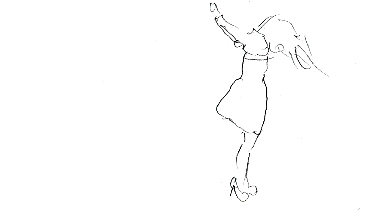 The body is fully extended mid jump to land. The legs are fully extended and the arms are up in the air. The wig is flying out in front of the face. both feet are on the floor. The body is located towards the right of the image. the dress is flat as if gravity is pulling them downward.