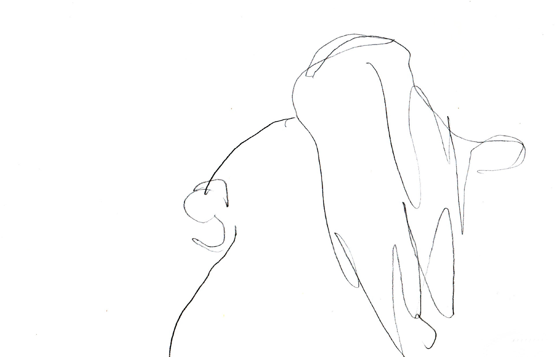 This is a close up line drawing of a body in motion. The hands are moving so fast that they are just circular lines. The torso and head are all that appears. The body is on the far left of the frame and takes up most of the space on the left.