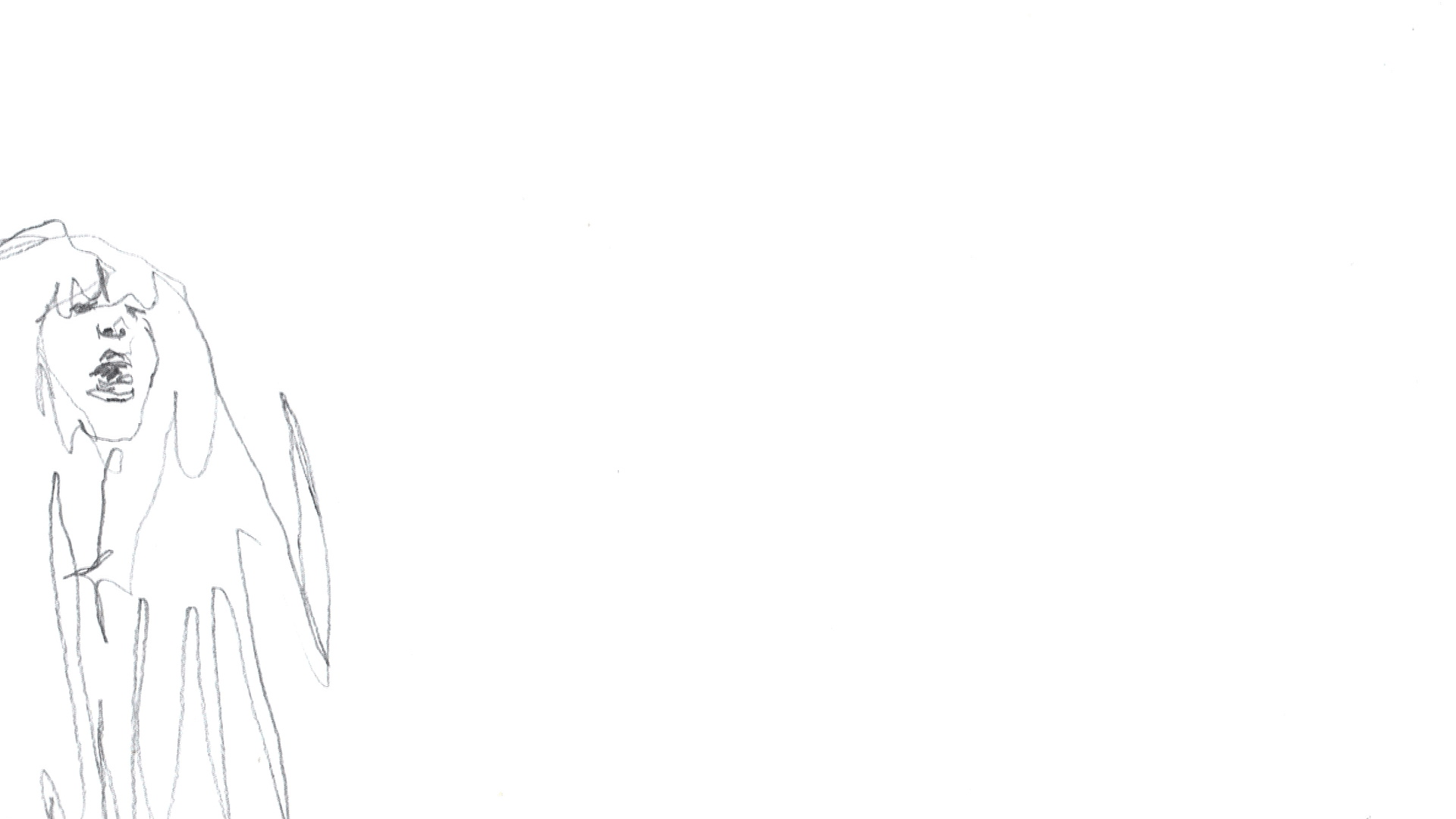 This is the first image where the face is drawn and the mouth is open screaming. The face is on the far left of the page and is encircled by a wig so the torso is also covered by the wig.