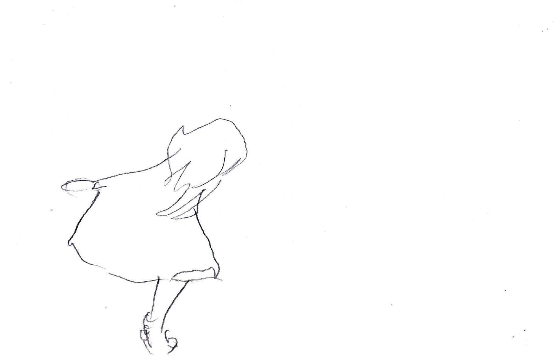 This is a still image from the animation, It"s ok. The background is white with a thin pencil outline drawing of Sarah Hill's body in a dress, long wing and stiletto high heels with knees bent but feet still on the ground. The figure appears on the far left side of the image.