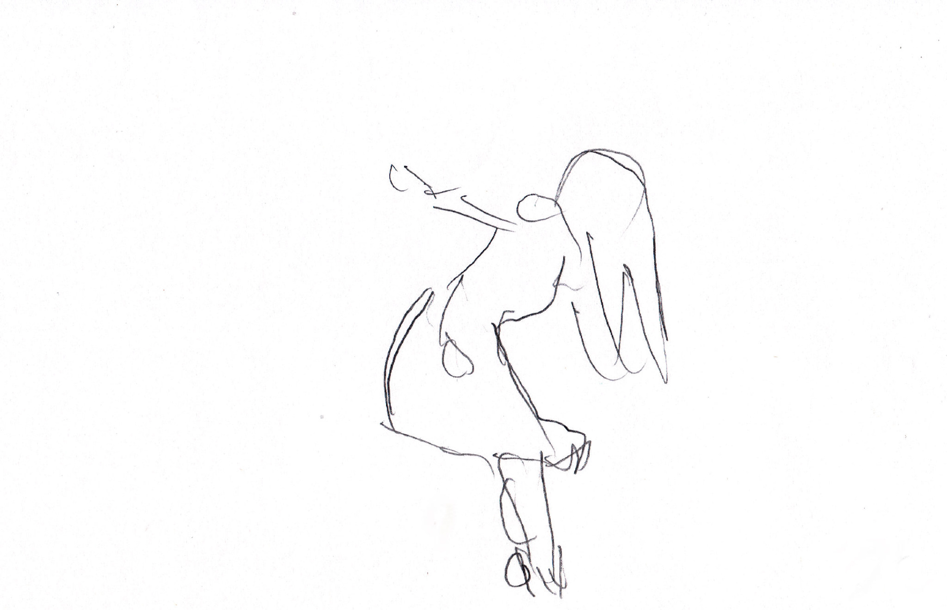 The body is twisted and the hair is flying out in front of the body. The figure appears on the left side of the image. An arm is raised outstretched and the body is slightly bent forward. The body is on the right side of the image.